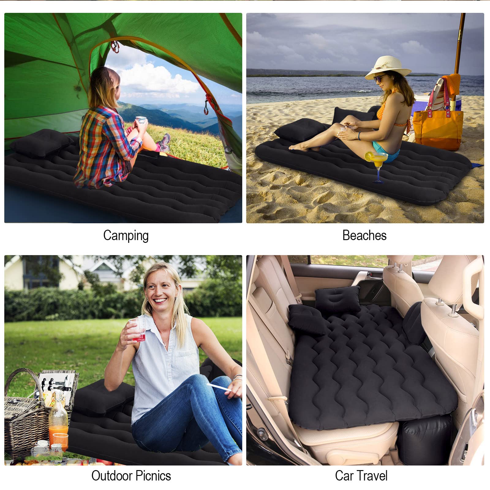 Colchón Coche Hinchable Colchón Sofá Hinchable con Bomba de Aire Eléctrica y Almohadas Adecuado para Adultos y Adolescentes (Negro)