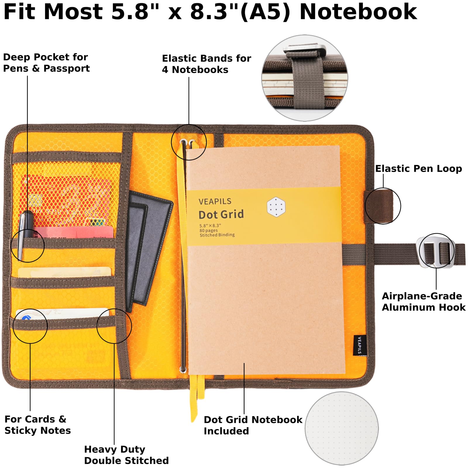 Cuaderno de campo A5, cubierta para planificador, diario de viaje para hombres y mujeres, cubierta de cuaderno de viajeros, cubierta A5 de lona encerada resistente al agua con soporte para bolígrafo