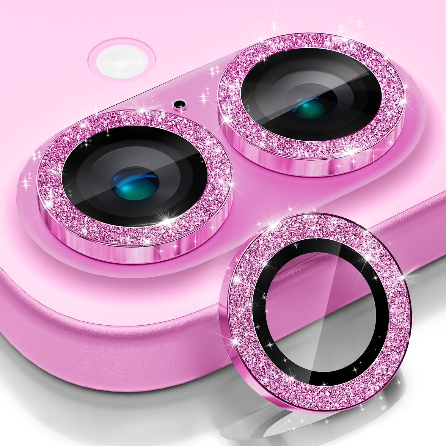 CloudValley カメラフィルム iPhone 16 /iPhone 16 Plus 用 カメラ レンズ保護Bling,カバー ウルトラHD強化ガラスカメラカバー [ケースフレンドリー] メタル個別レンズスクリーン保護リング,ピンク