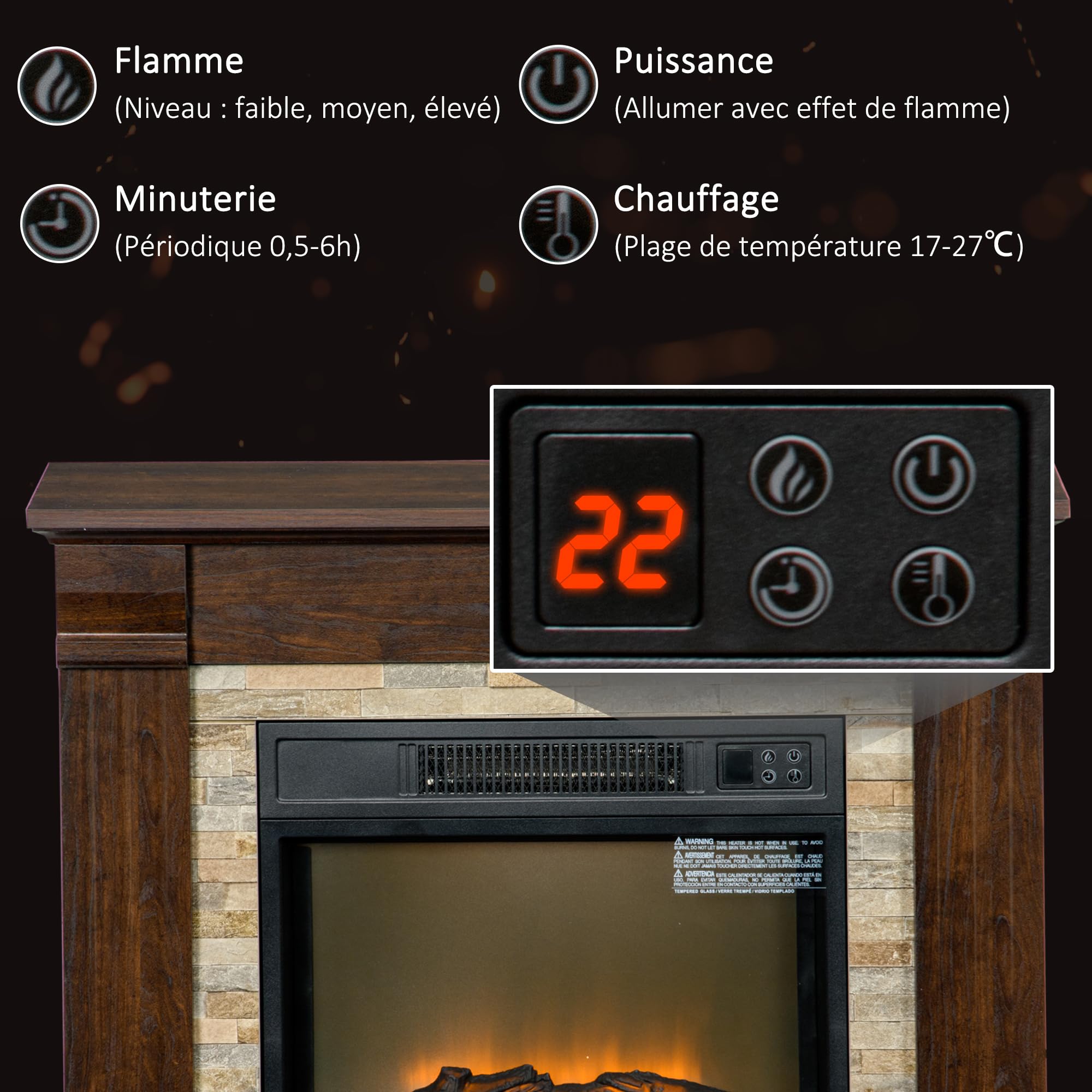 HOMCOM Cheminée Électrique Effet Flamme 1800W 80 x 21,6 x 67,8 cm Marron