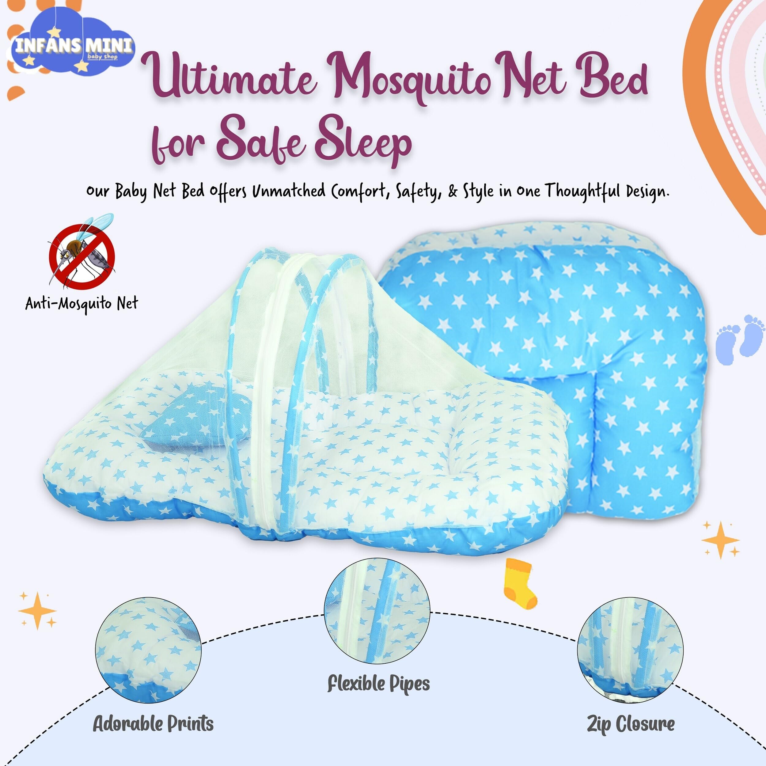 Infans Mini Baby Bedding Set for New Born Baby Sleeping Bag, Mosquito Net Bed, Sleeping Mattress Suitable for 6 Months Babies (Star Blue) 1