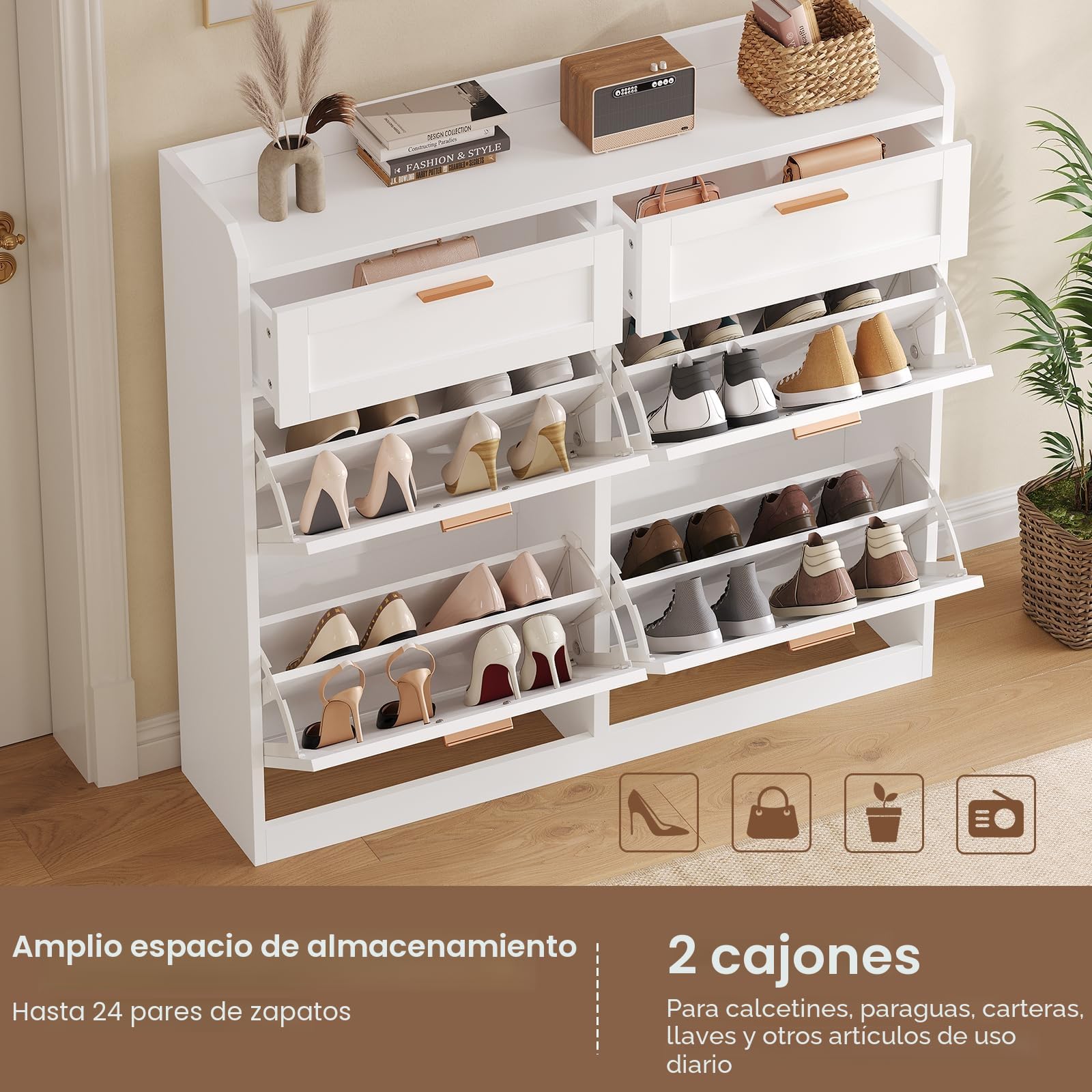 KIMENICH Armario para Zapatos, Zapatero con 4 Solapas, Zapatero Estrecho con 2 Cajones, Separador Ajustable, para 16-24 Pares de Zapatos, Pasillo, Portales, 24 x 100 x 103 cm, Blanco