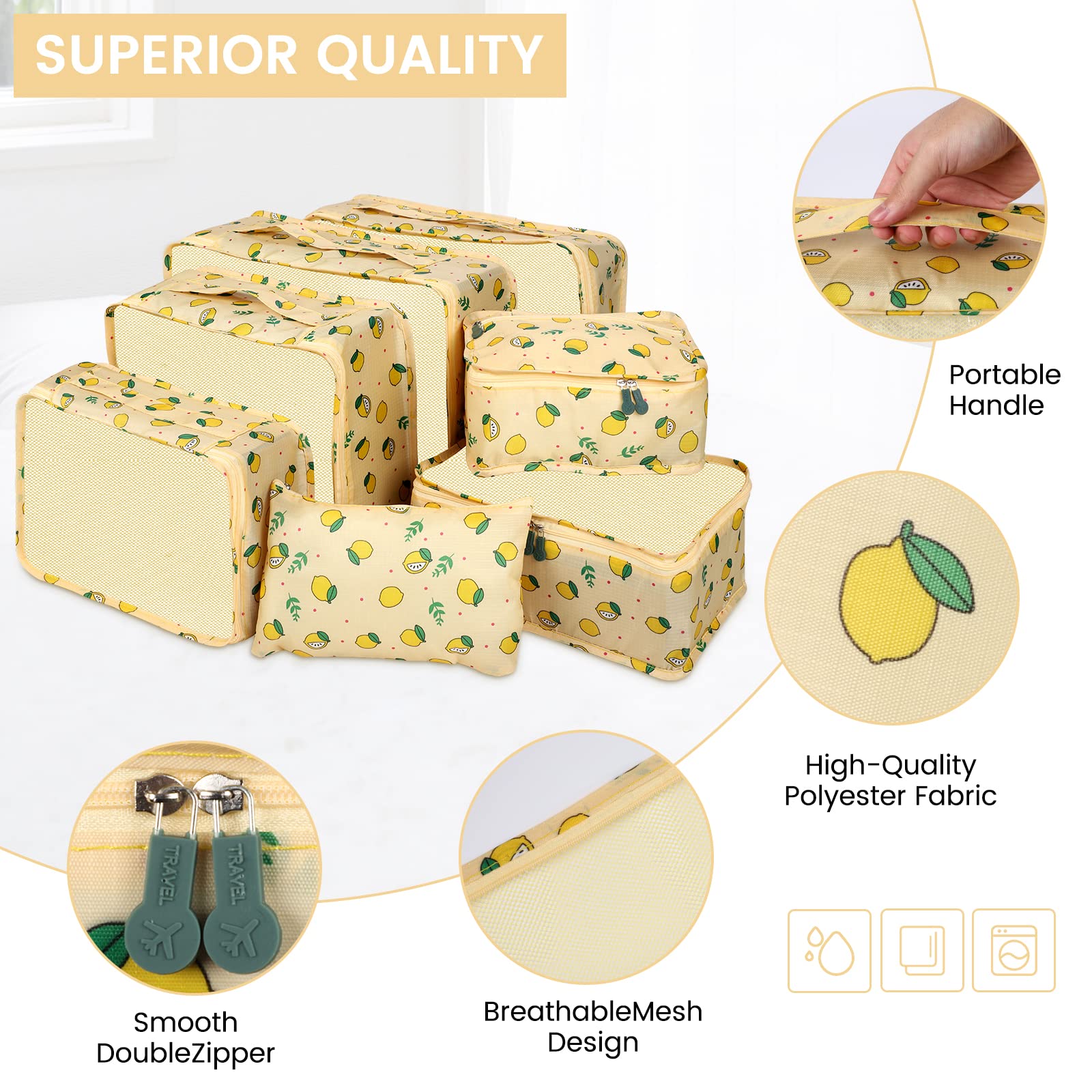 Enloffi Organizer Valigie 10 Pezzi Set Sistema di Cubo di Viaggio Impermeabili Viaggio Accessori Utili per Vestiti Scarpe Biancheria Intima Cosmetici Set di Valigie Portaoggetti, Giallo Limone