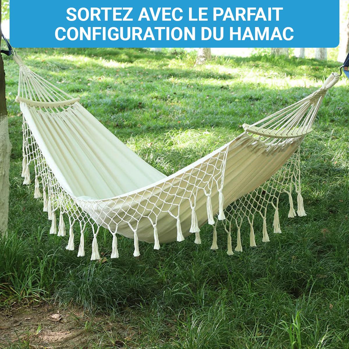 Fleau Goods Hamac de Luxe avec Barre d'écartement - Frange Gracieuse - 100% Coton - Confortable - Matériel de Suspension et Sac de Transport Inclus - 100 x 200 cm
