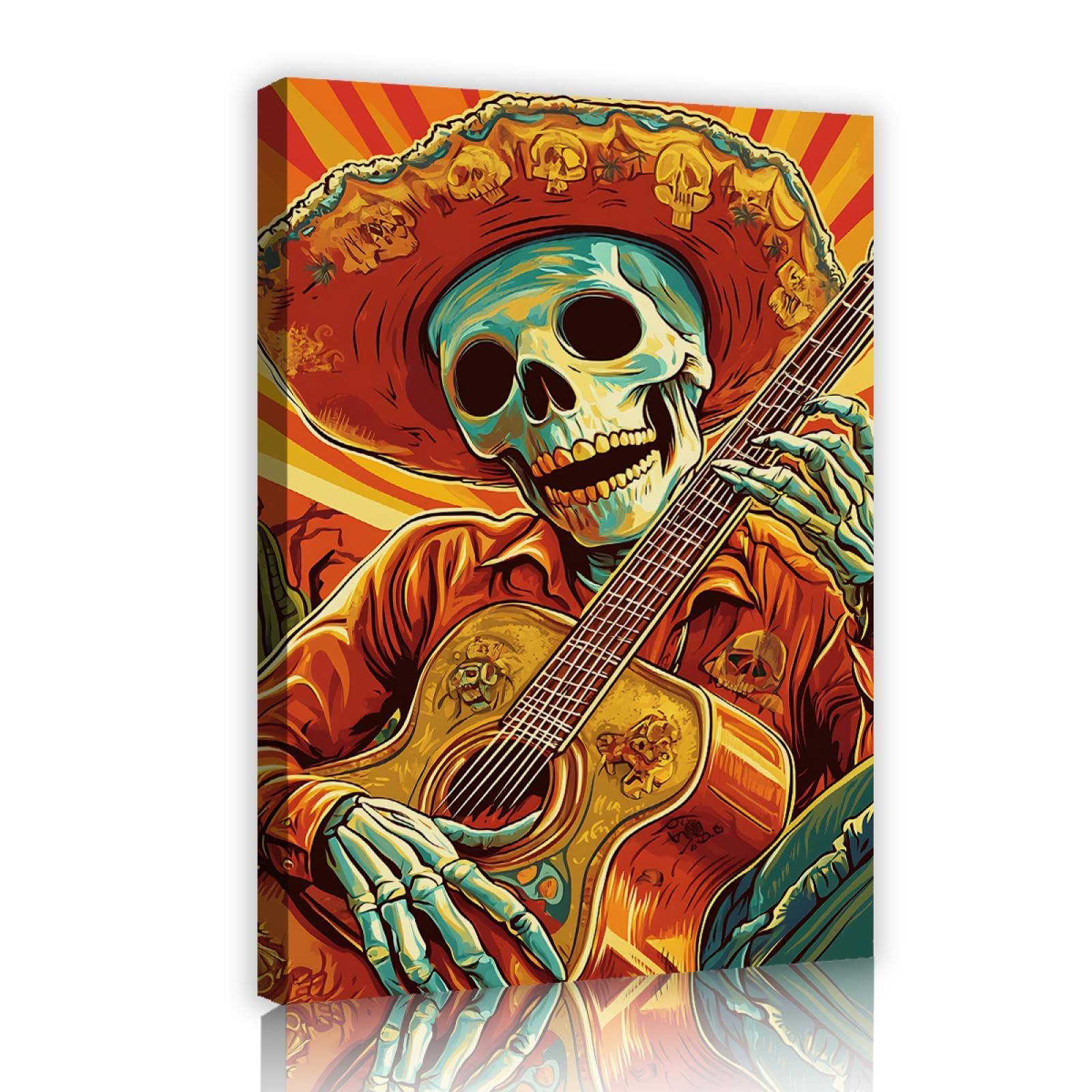 CHERHERART Chitarra Musica Scheletro Tela Stampe Opere d'arte per vivere Casa Cucina Pranzo Cafe Happy Country Teschio Tela Decorazione della parete 80x120cm Innerframe