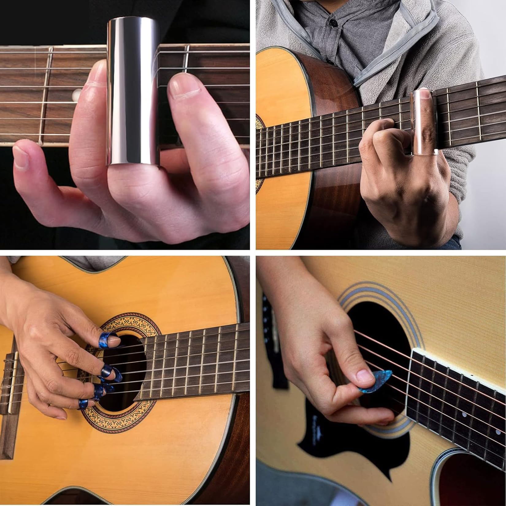 Zestaw do gitary z 1 suwakiem szklanym (6 cm) 1 suwakiem ze stali nierdzewnej (6 cm) i 4 wytrychami gitarowymi w kolorze czarnym do gitary basowej