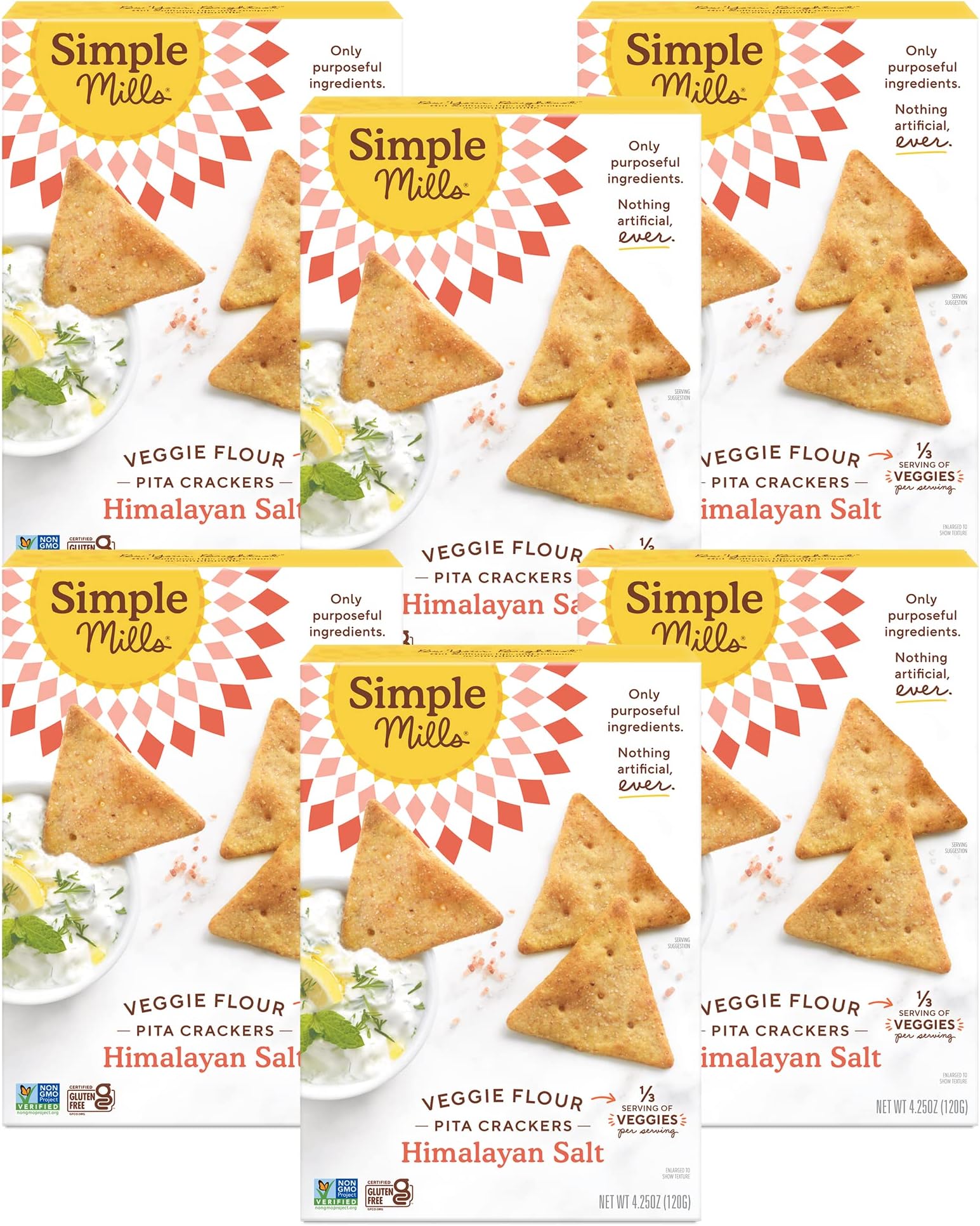 Simple Mills Veggie Pita Crackers, Himalayan Salt - Gluten Free, Vegan, Healthy Snacks, Paleo Friendly, 4.25 Ounce (Pack of 6)