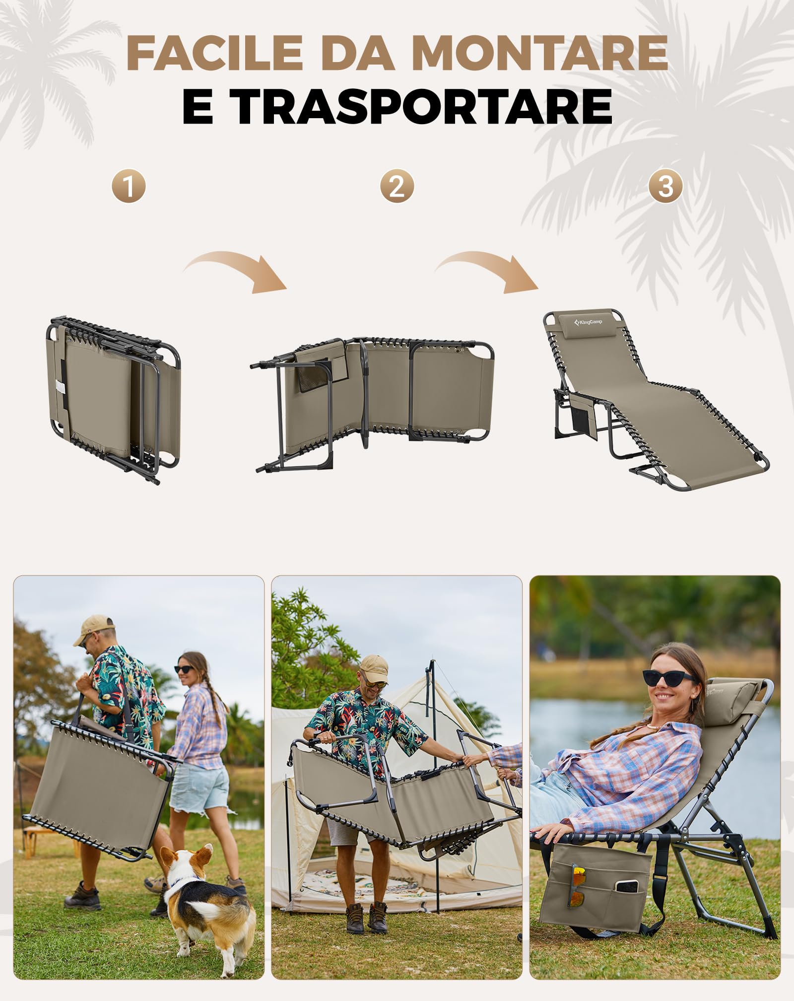 KingCamp Sedia a sdraio pieghevole con schienale regolabile in 5 posizioni, sdraio da giardino, sdraio da spiaggia, campeggio, lettino pieghevole con cuscino per la spiaggia, il giardino, la terrazza