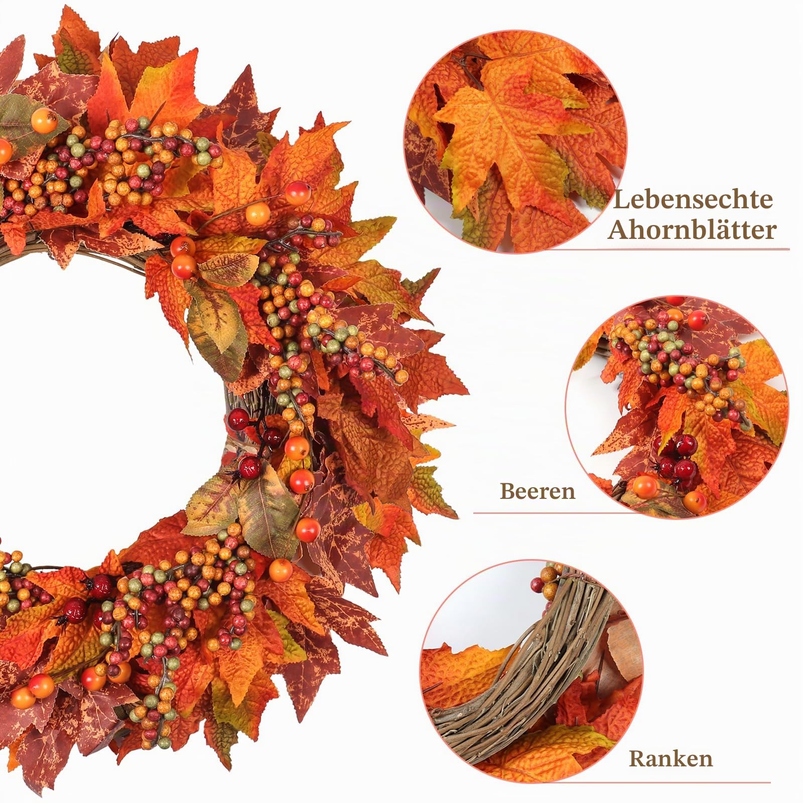 Weldomcor 50cm Groß TüRkranz Herbst, Herbstkranz Haustür mit Beeren Ahornblätter Herbstdeko für Innen Haustür Mantel Outdoor Türen Wand Bauernhof Garten Hochzeiten Parties Festival Dekor(Orange)