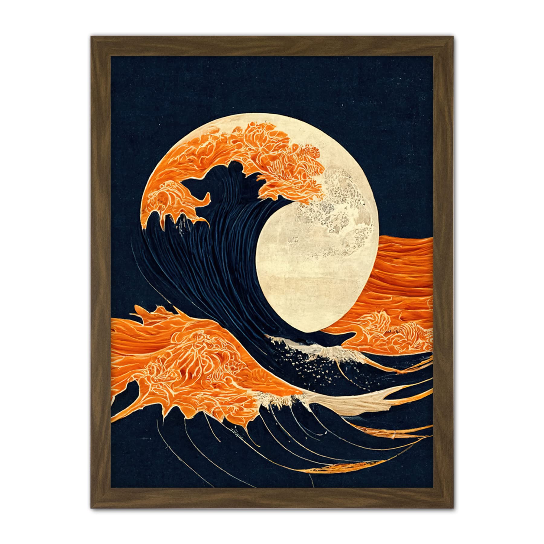 Wee Blue Coo The Great Wave at Full Moon Modern Japanese Seascape Woodblock Artwork Framed Wall Art Print 18X24 Inch
