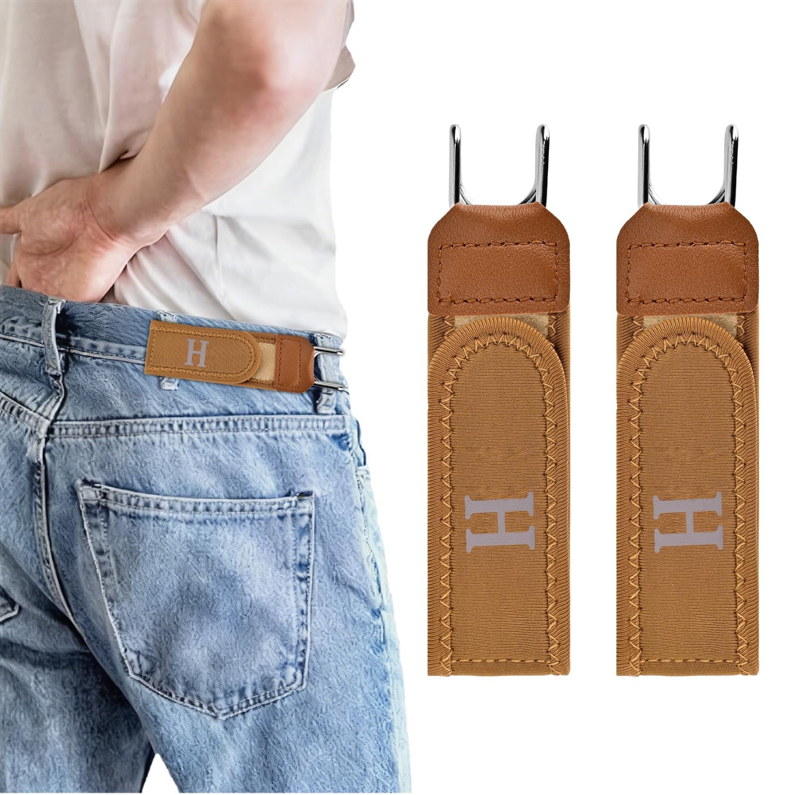 2 Pcs Buckleless Belt Hook Tactical Metal Hook Elastic Belt Unisex Buckle-Less Invisible Waist Belts for Work And Edc, Brown with Letters-image-43