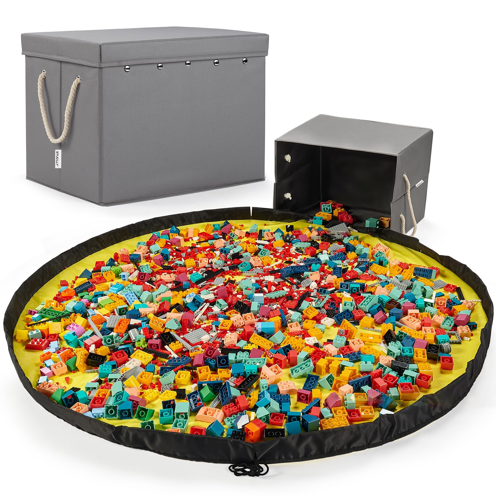 STUDLLY Toy Storage Organizer and Play Mat for Kids - Foldable Organizer Storage Bins with Lids - Detachable Mat Storage Bag Kids Toy Box for Boys, Girls, Nursery, Playroom, 11.6''x11.6''x15.5''(Grey)