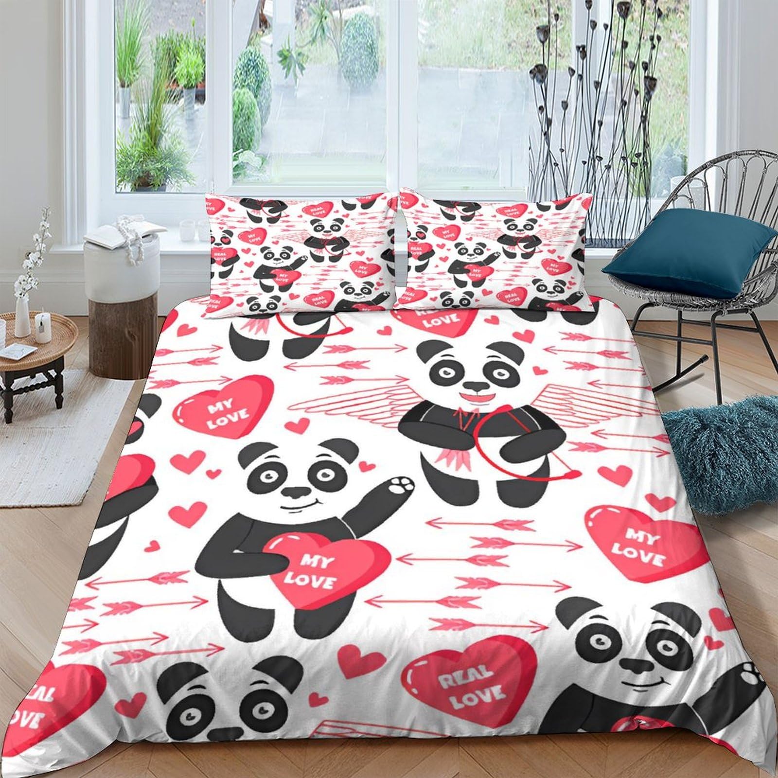 Housse de couette amour panda lit double motif cupidon 3D