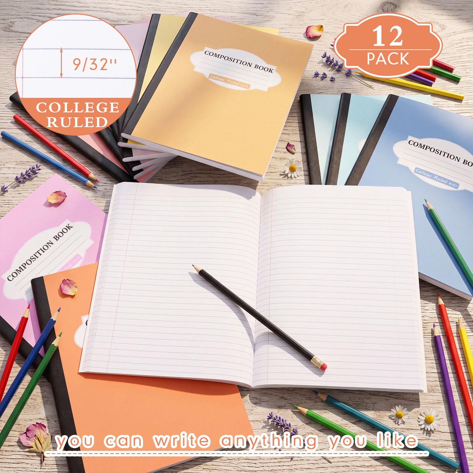 Colarr Confezione da 12 quaderni per composizione universitaria a righe, 24 x 19 cm, copertina rigida, libri di composizione in carta, colori divertenti, articoli per ufficio e rientro a scuola