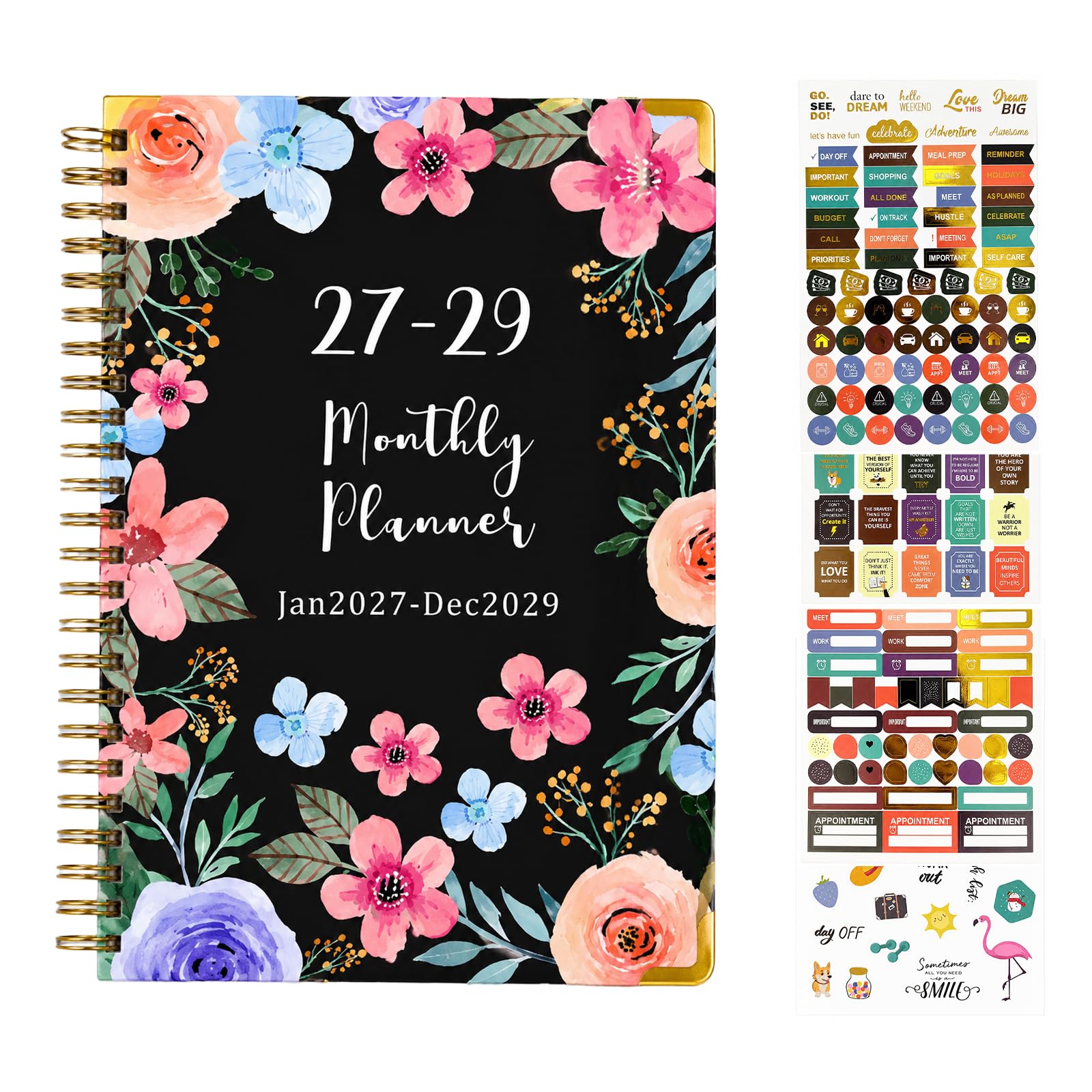 2027-2029 Monthly Planner, 3 Year Planner Jan 2027 to Dec 2029 – A4 9"×11" Monthly Calendar Book with Colour Tabs, Twin Wire, Pocket & 4 Sticker Sheets, Organiser for Students & Office Work(A.Black)