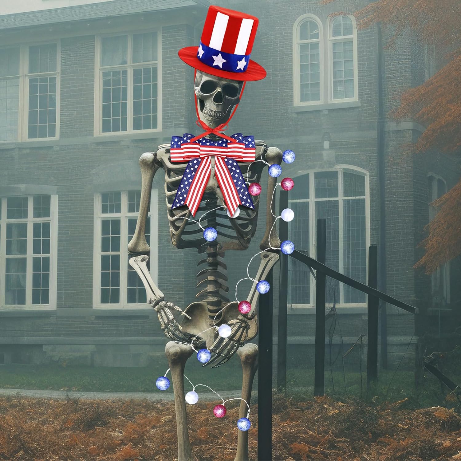 Tarpop 3 Pcs 12 ft Skeleton Accessories Veterans Day Skeleton Costume Hat Bowtie 10ft LED Light String Outfit Set Giant Sized for Patriotic Remembrance Garden Lawn Outdoor Decor