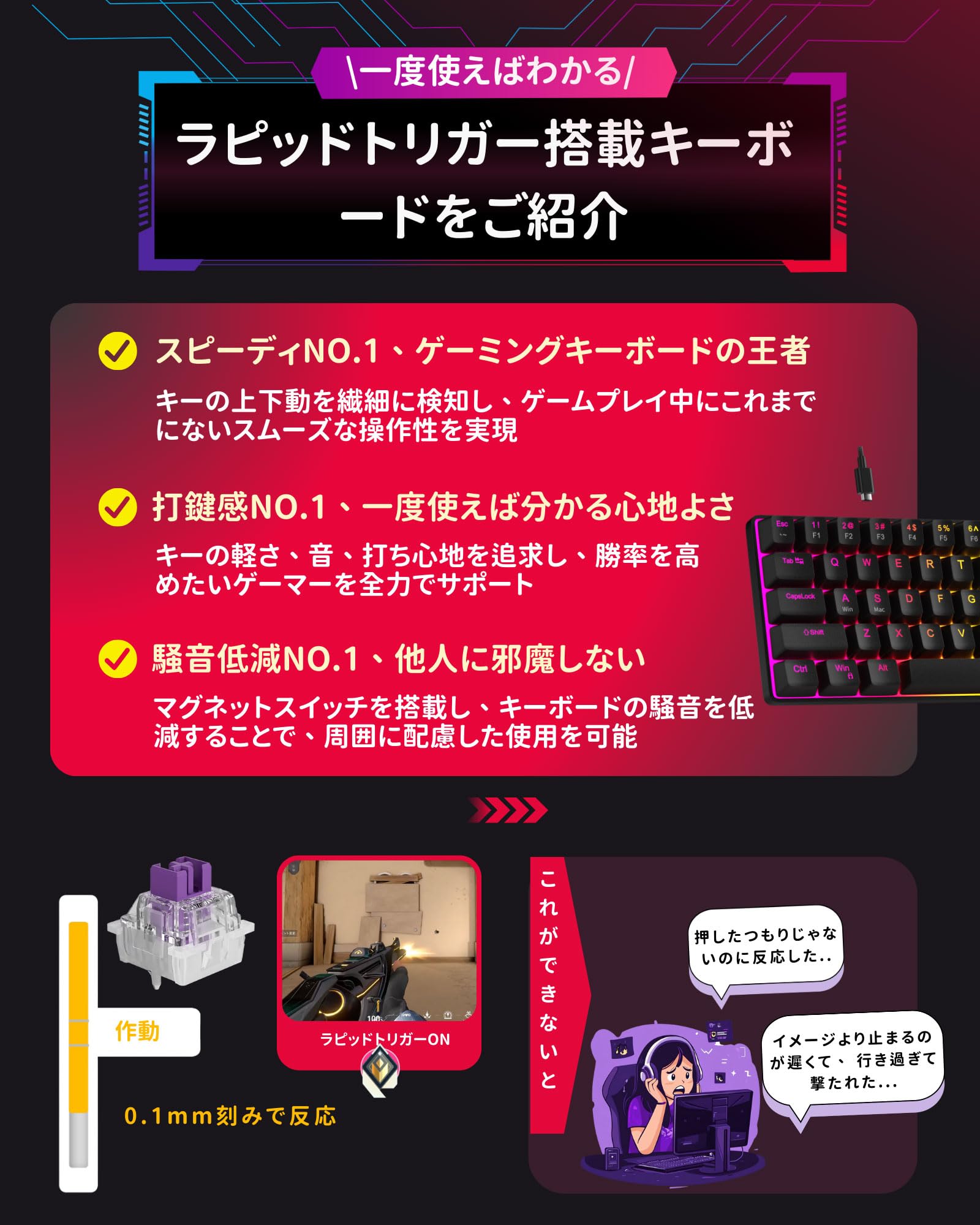 Amazon | MageGee ラピッドトリガー キーボード | 68キー 英語配列