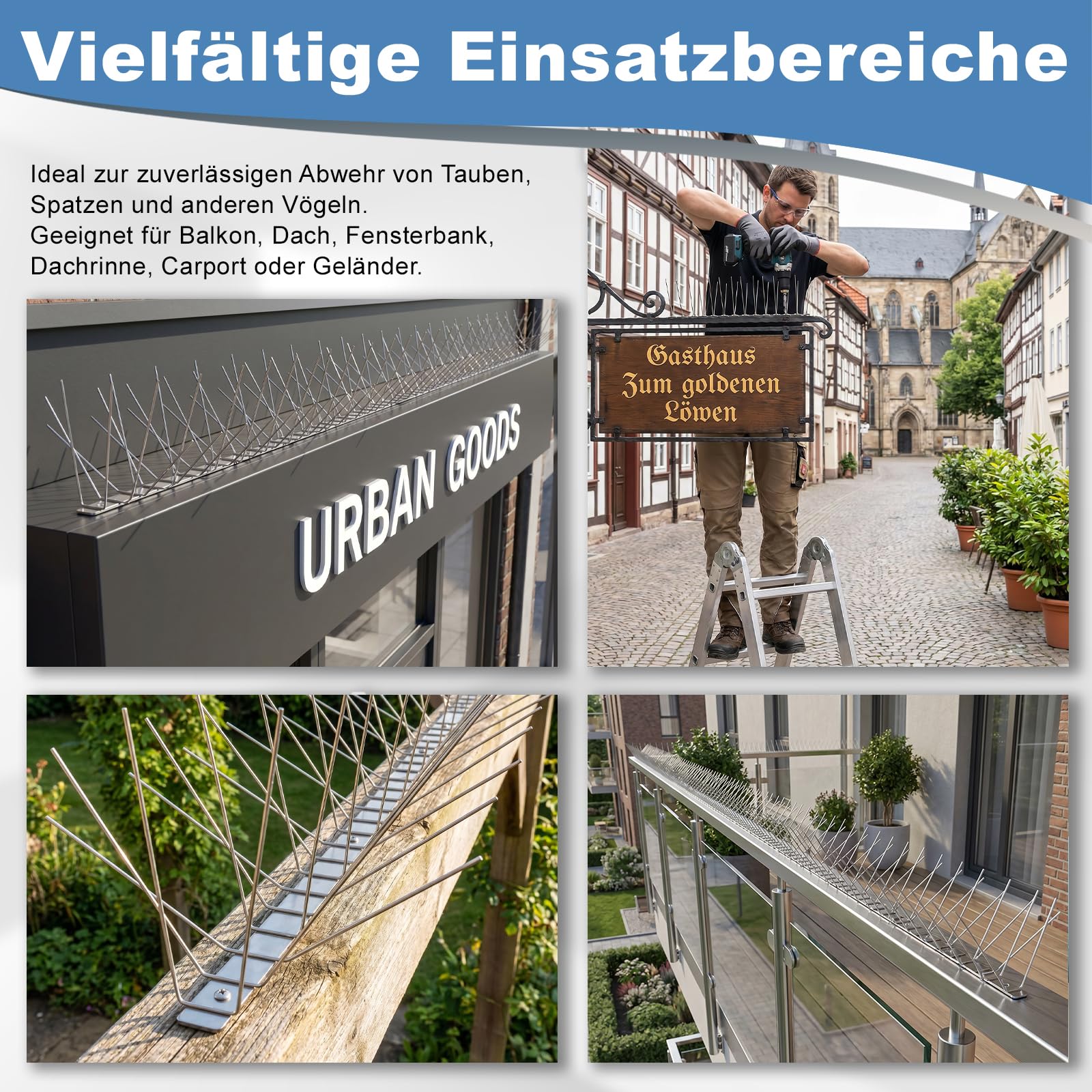 Taubenabwehr Vogelabwehr mit Edelstahlgrundplatte 6-reihig 5 Meter (10 x 0,50cm vormontierte & einsatzbereite Spikes) Vogelschreck für Tauben & kleine Vögel Rostfrei aus Edelstahl V2A