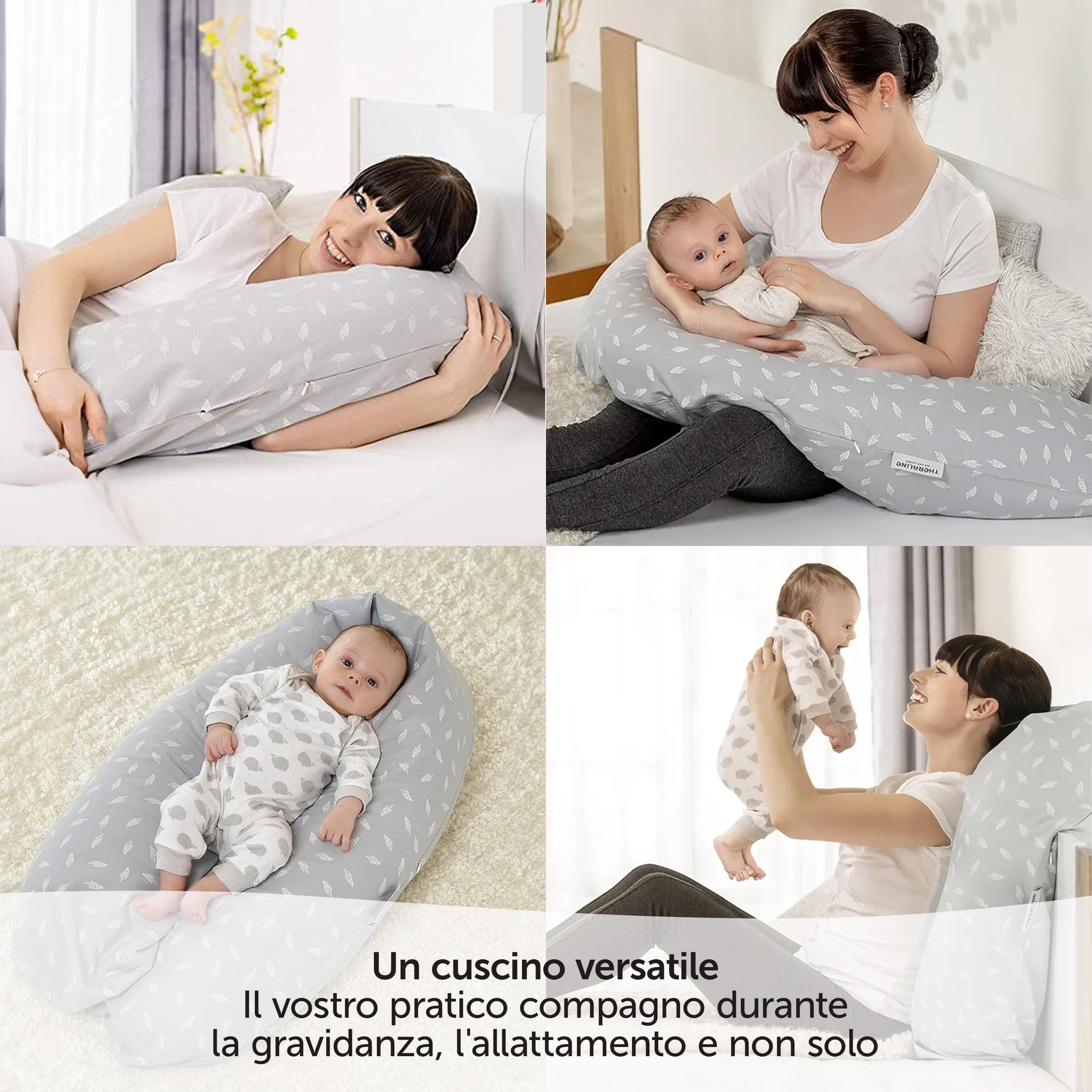 Theraline Cuscino Allattamento e Gravidanza 190 cm - Imbottitura Microperle EPS, Federa Cotone 100% | Lavabile, senza Sostanze Nocive - Bianco Grigio