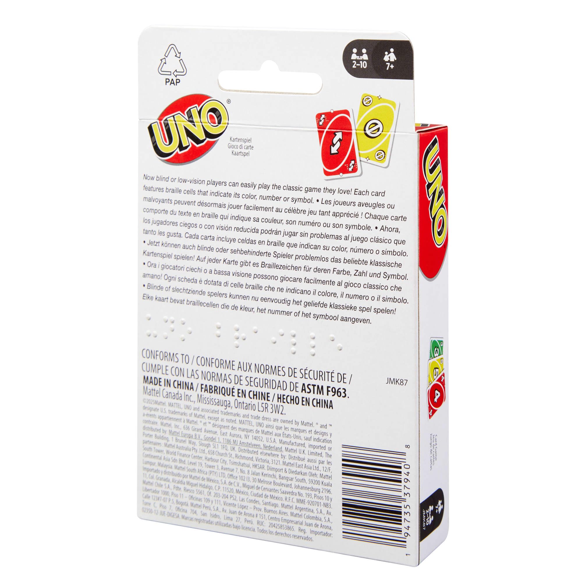 Mattel Games - UNO Braille, l'iconico gioco di carte in una versione speciale con un mazzo appositamente progettato per giocatori non vedenti o ipovedenti, 7+ anni, JMK87
