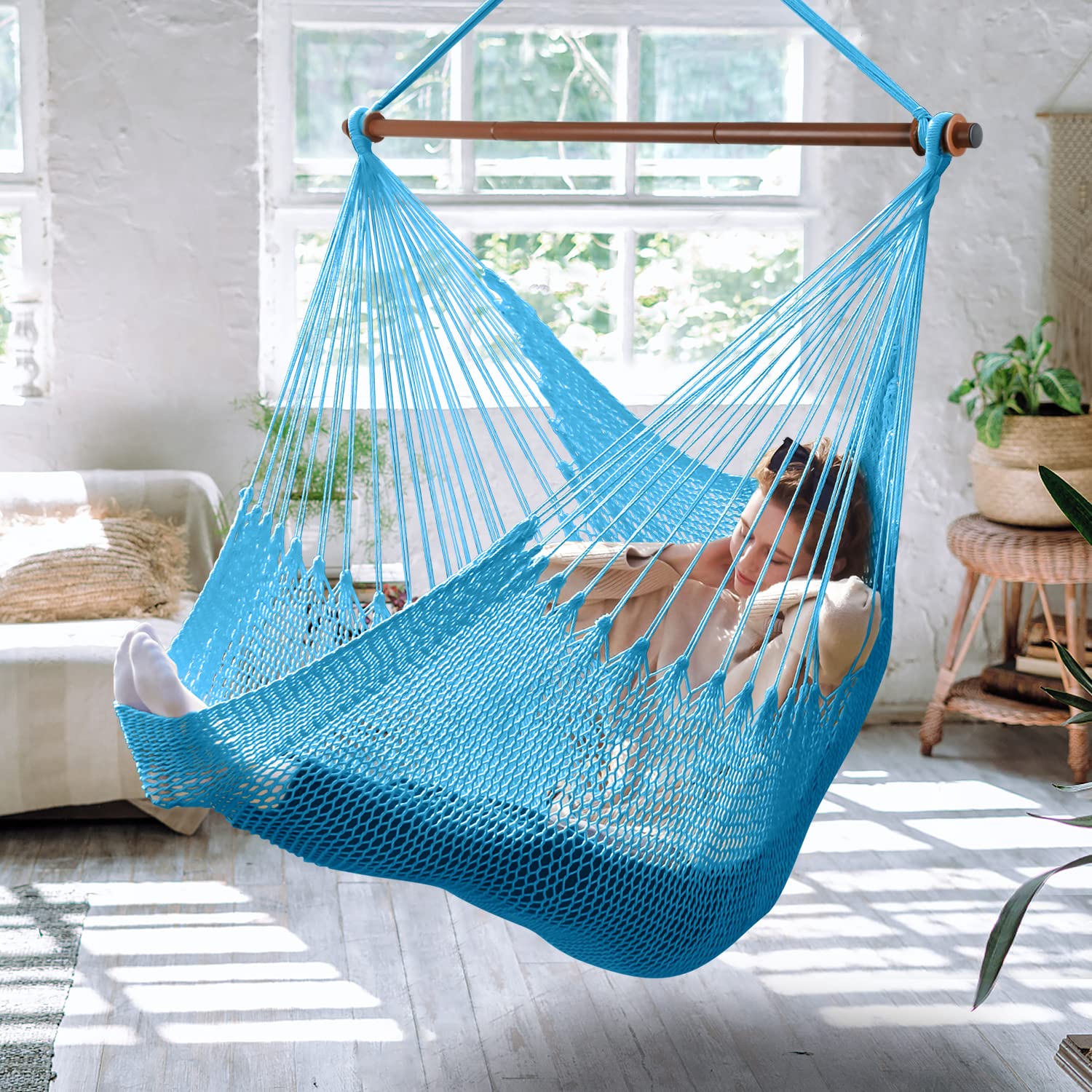 Upgraded Caribbean Hammock Chair with Detachable Metal Bar Large Hammock Swing Chair XL Rope Hanging Chair for Outdoor
