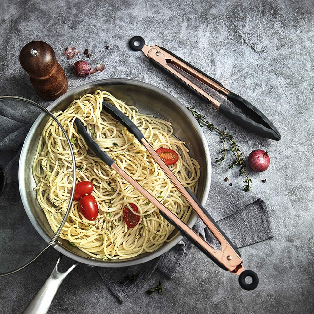 Cooking Tongs-Rose Gold Tongs Copper Stainless Steel Silicone Tipped Kitchen Food BBQ and Cooking Tongs 30CM for Non Stick Cookware, BPA Fee, Locking, Grill Tongs(Black)