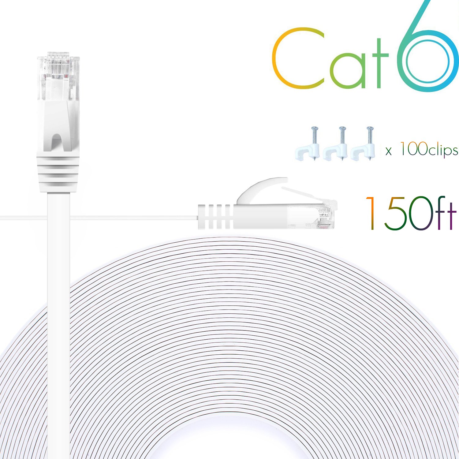 Cat 6 Ethernet Cable 150 FT Flat Internet Network Cables with Cable Clips Cat6 Ethernet Patch Cable with Snagless Rj45 Connectors White Long Computer LAN Cableï¼Ë†150FTï¼â€°