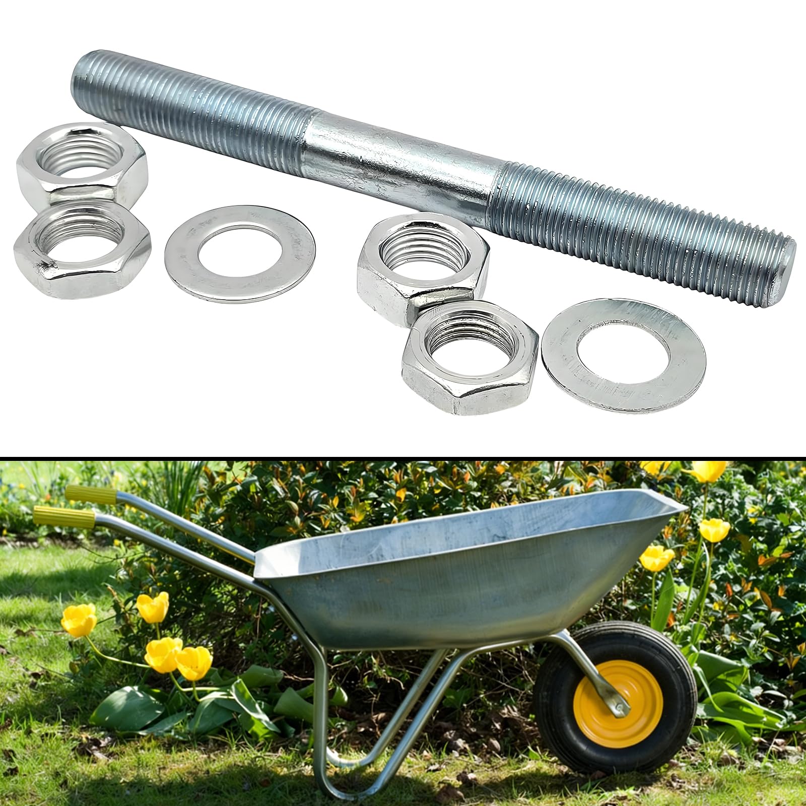 Axe pour roue de brouette 16 mm, jeu d'essieux en acier galvanisé, axe de brouette pour transport de matériaux, axe de roue 155 mm pour brouette et chariot
