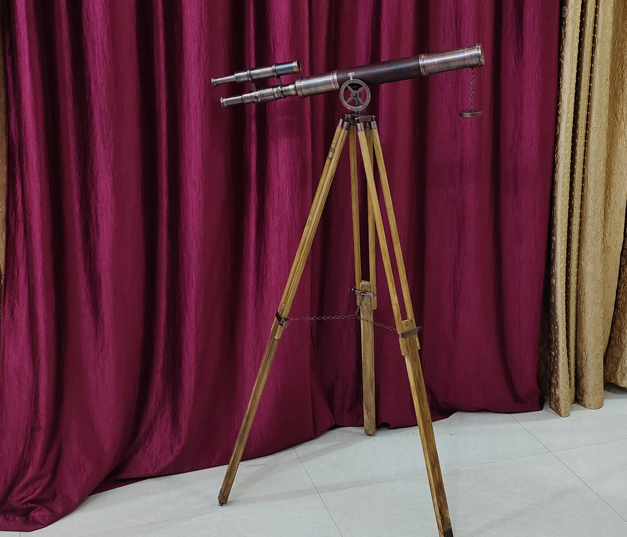 Nautical Vinatge Royal Marine Designer Double Barrel Telescope Dark Brown Leather Covered Antique Teak Wooden Tripod Authentic Handmade Spyglass Home Office Décor # Dark Edition