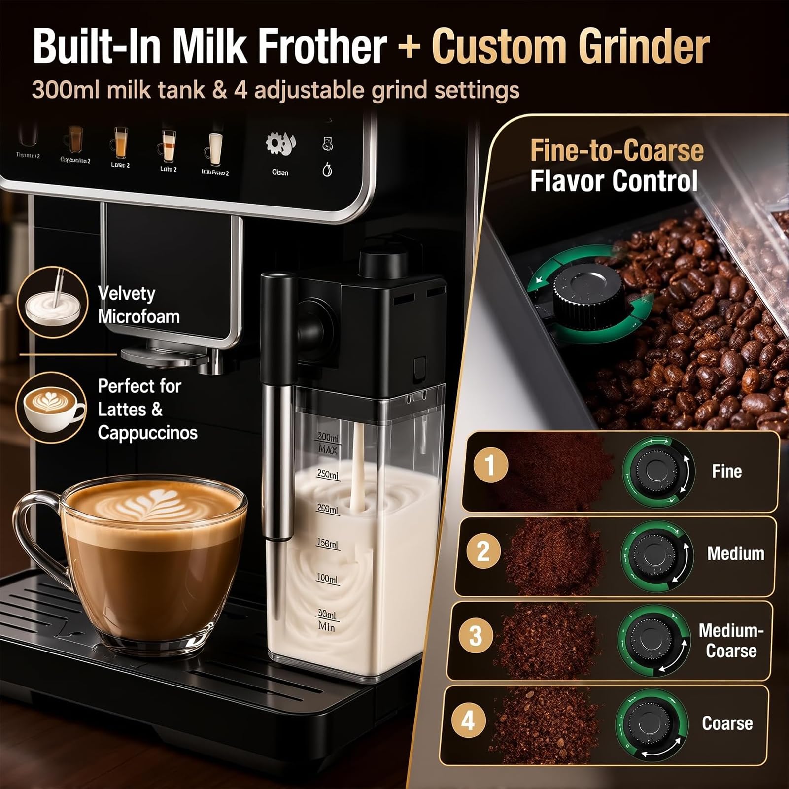 Máquina De Café Espresso Con Bomba De 15 Bares Y Espumador De Leche Con | Cafetera Espresso Automática Con Molinillo De Granos Calentamiento De 1350W Depósito De Leche Sistema De Limpieza(A)
