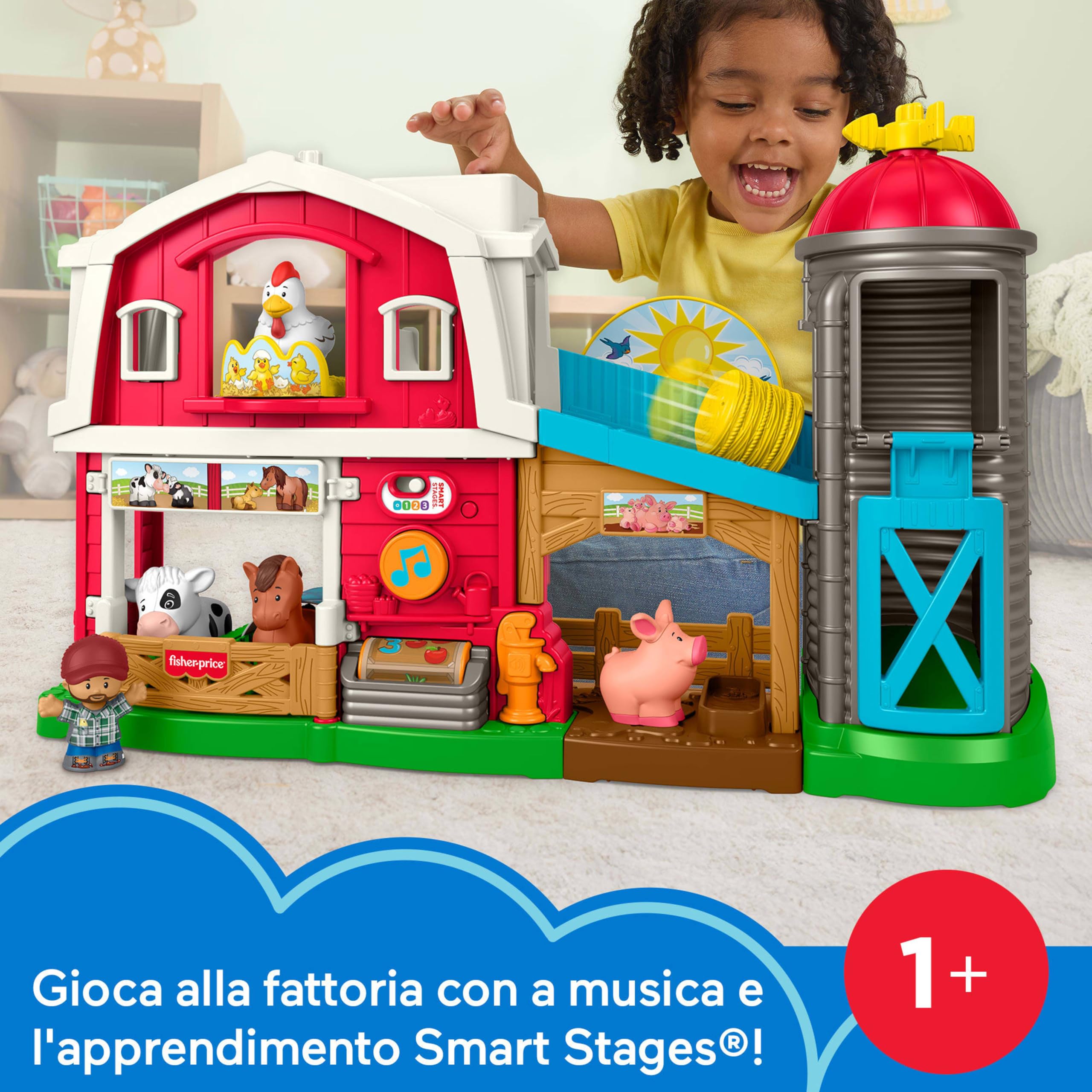 Fisher-Price Little People - Fattoria Animali Felici, Set con Personaggi e Amici Animali, Tante Canzoni, luci e Frasi, Versione Italiano +UK+FR+DE, Giocattolo per Bambini, 1+ Anni, JGX08