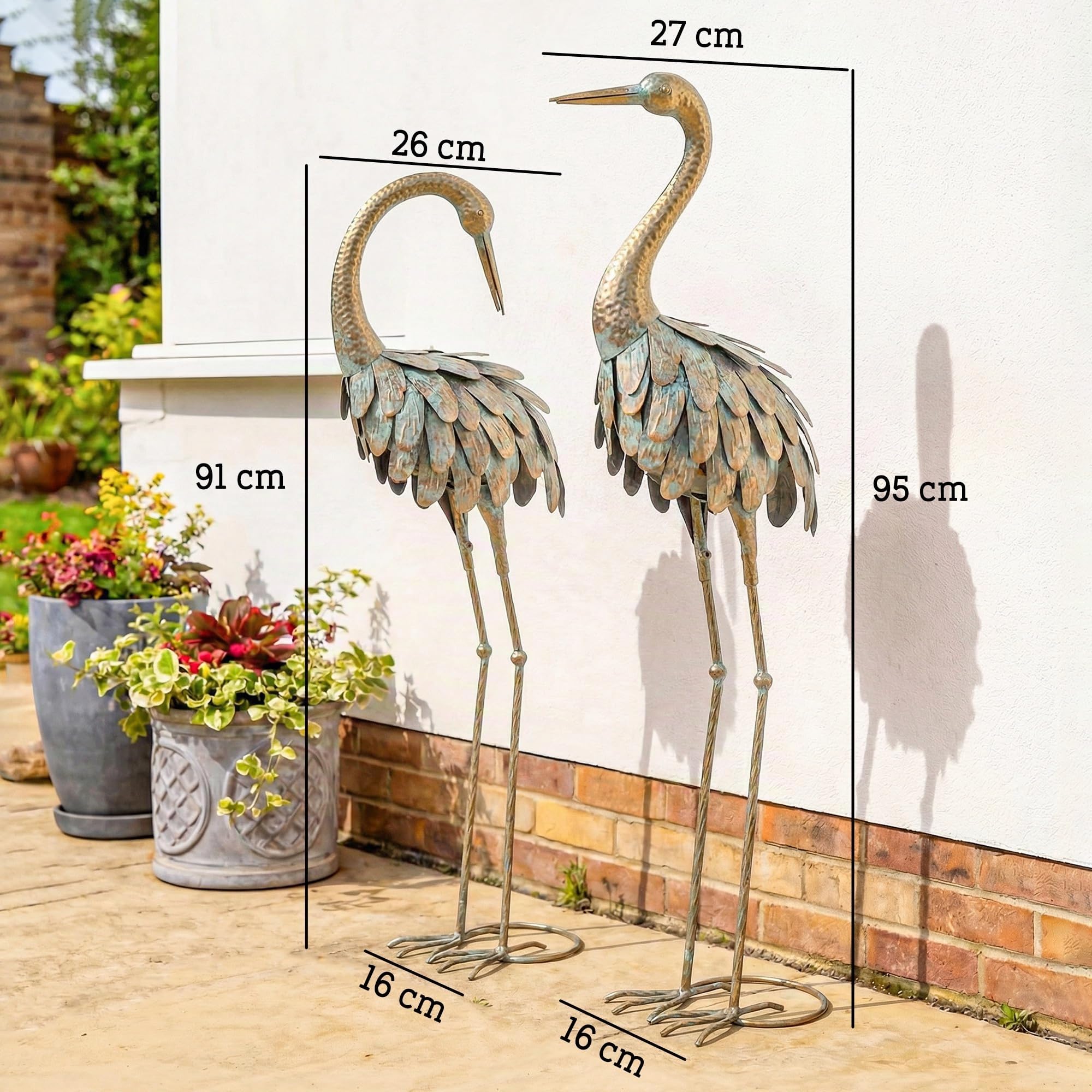 Outsunny Lot de 2 Statues de Jardin Sculpture Héron Métal 91/95cm Or/Bleu