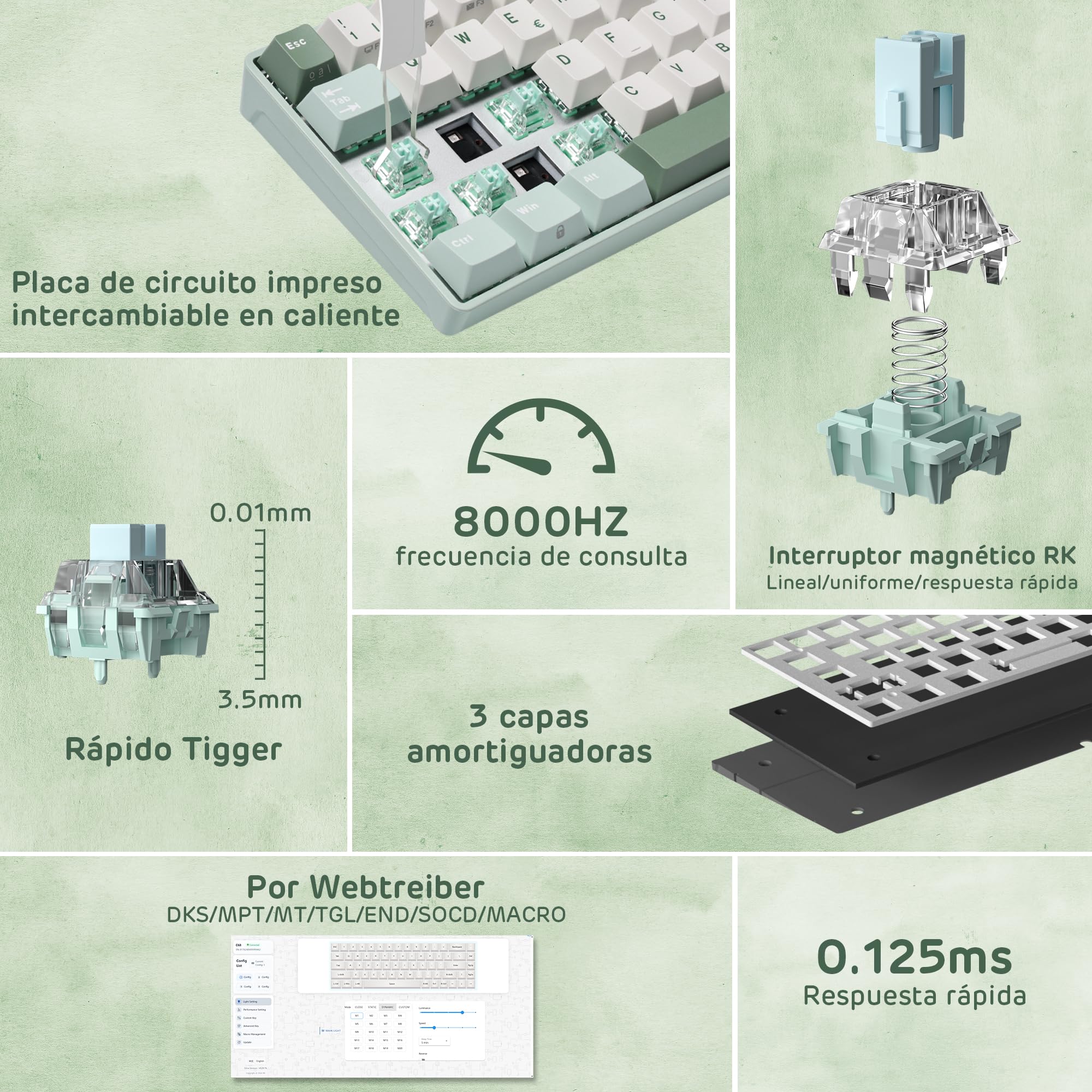 RK ROYAL KLUDGE C68 ES Teclado mecánico para juegos con HE, interruptores magnéticos 65%, teclado RGB con cable, gatillo rápido, tasa de sondeo de 8K, controlador web pro para Mac y Win,QWERTY Español