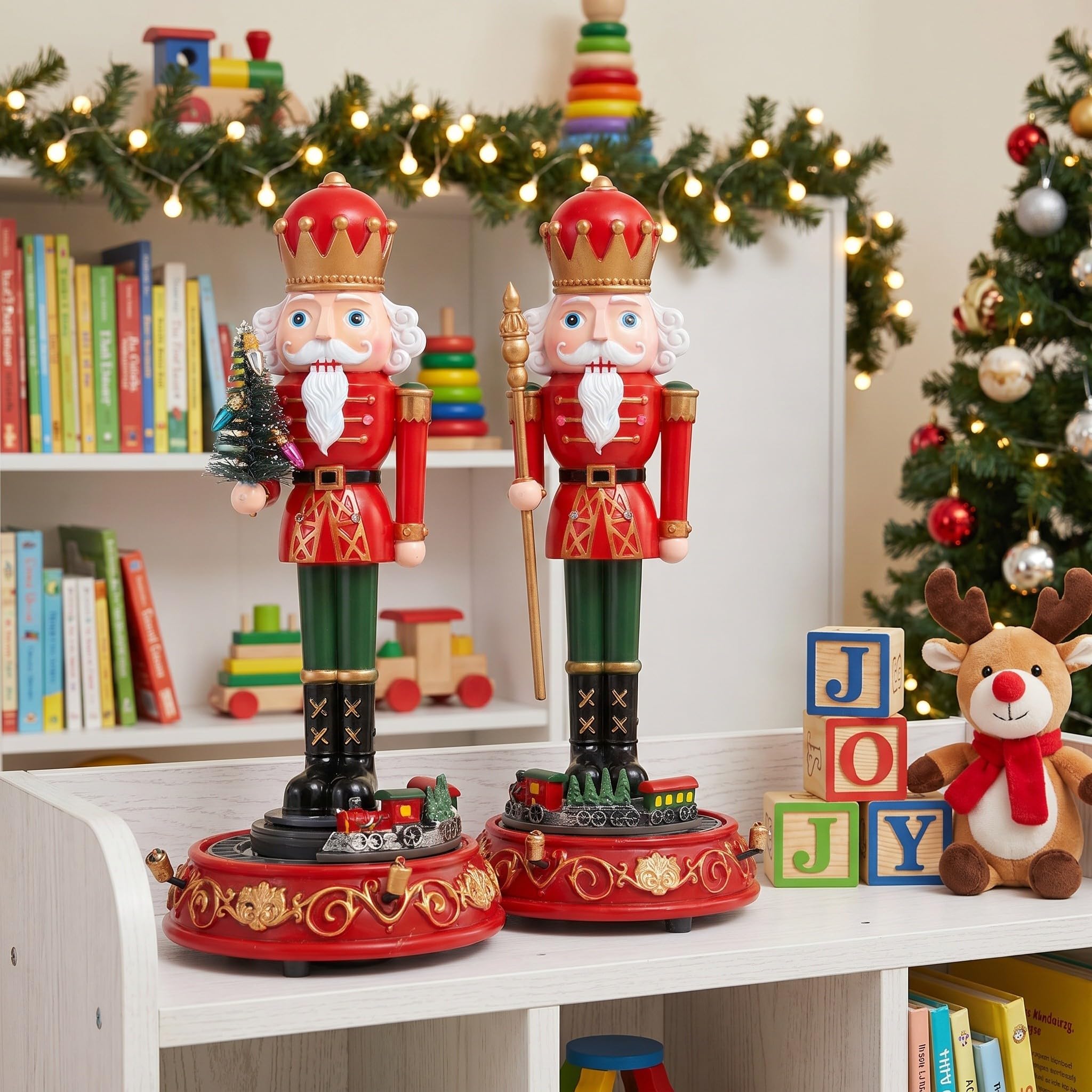 SHINEOFI 2 Pezzi Decorazione Natalizia in Plastica con Musica Interattiva e Rotazione Musicale, per Ufficio e Casa Durante Natale