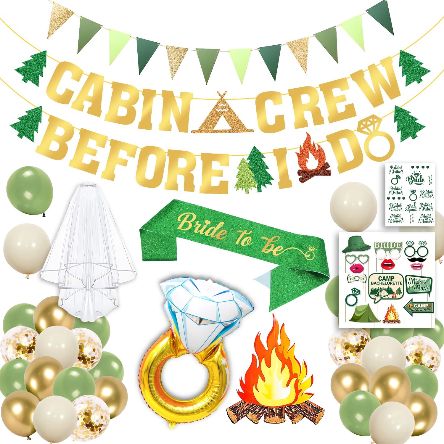 Camp Bachelorette Decorations Kit Gold Green 65 Pcs