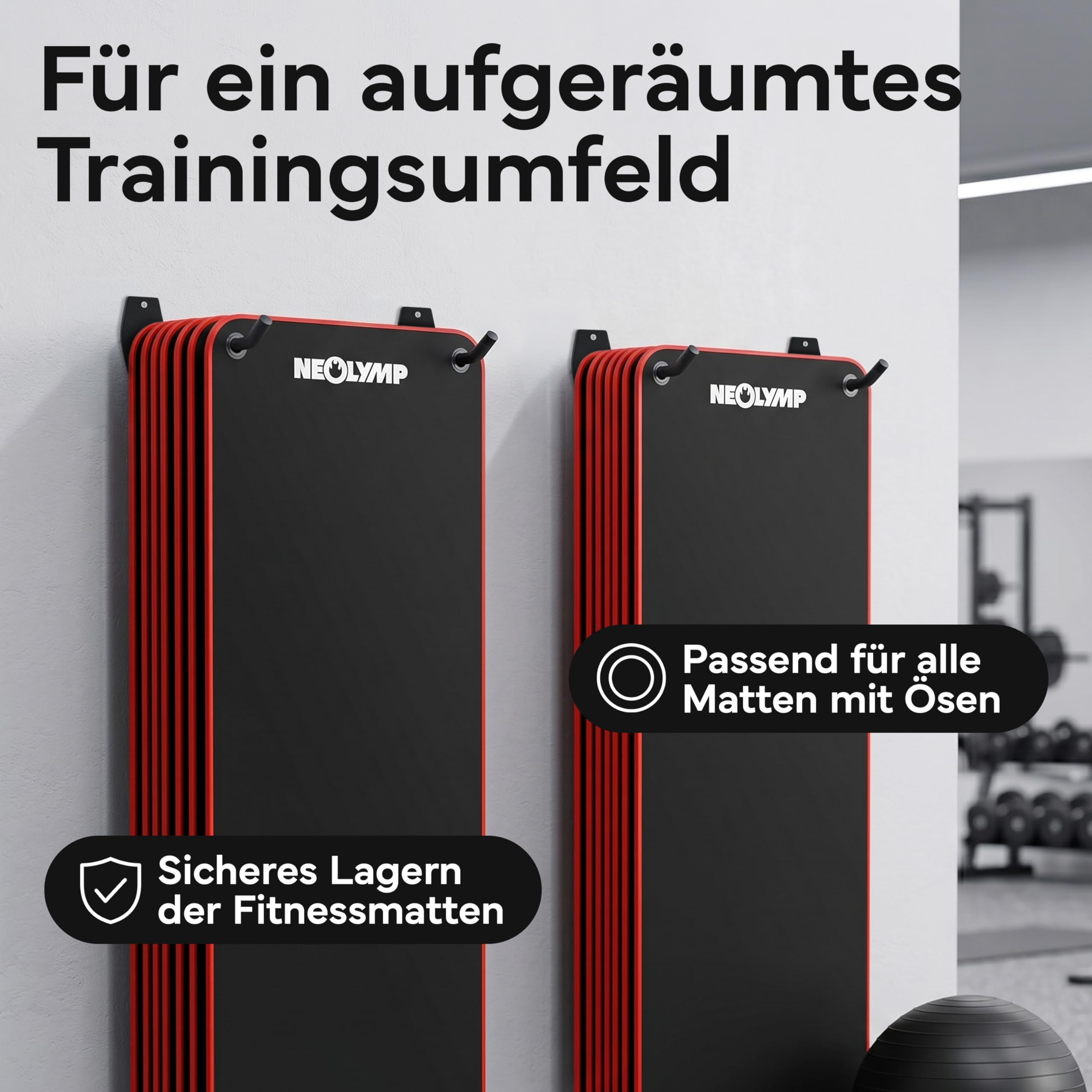 NEOLYMP Wandhalterung für Fitnessmatten mit Ösen 2er Set - Platzsparende Mattenaufhängung - gehärteter Stahl, gummiert inkl. Fischer Dübel - Halterung für Yogamatte, Gymnastikmatte, Sportmatte