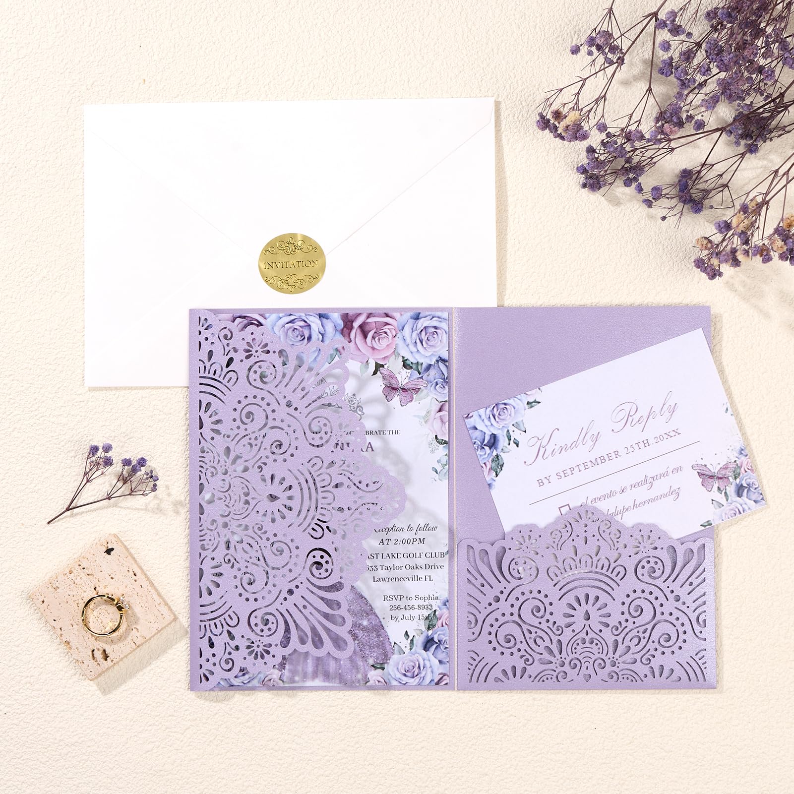 Hochzeitseinladungen, personalisierbar, lasergeschnitten, mit Umschlägen und RSVP-Karten für Verlobung, Quinceanera, Brautparty, Geburtstag, Lila, 50 Stück