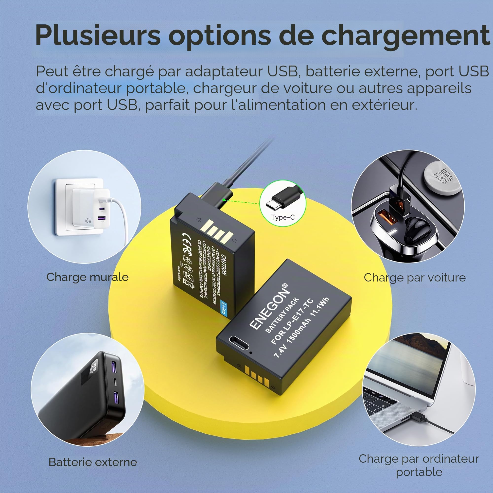 ENEGON LP-E17 Type C Batteries à Charge directe 1500 mAh pour Canon Rebel SL2, T6i, T6s, T7i, EOS R10, R8, RP, R50,R100, EOS M3, M5, M6, EOS 200D, 250D, 77D, 750D, 760D, 800D, 8000D, Kiss X8i, RP