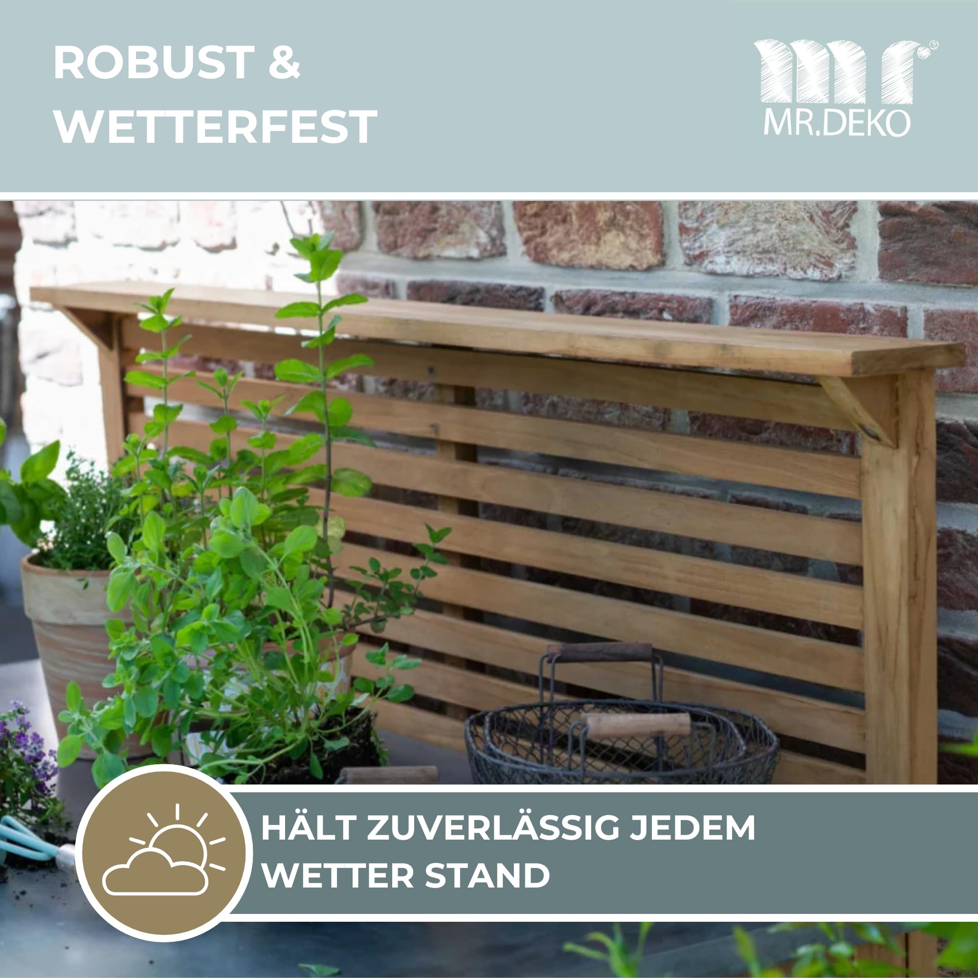 MR. DEKO Pflanztisch Hampton Teakholz mit Schublade | Gartentisch Verzinkte Arbeitsplatte Wetterfest | Umtopftisch Garten-Bar | Outdoor-Arbeitstisch Stauraum-Regal | Pflanztisch 115x66x124cm