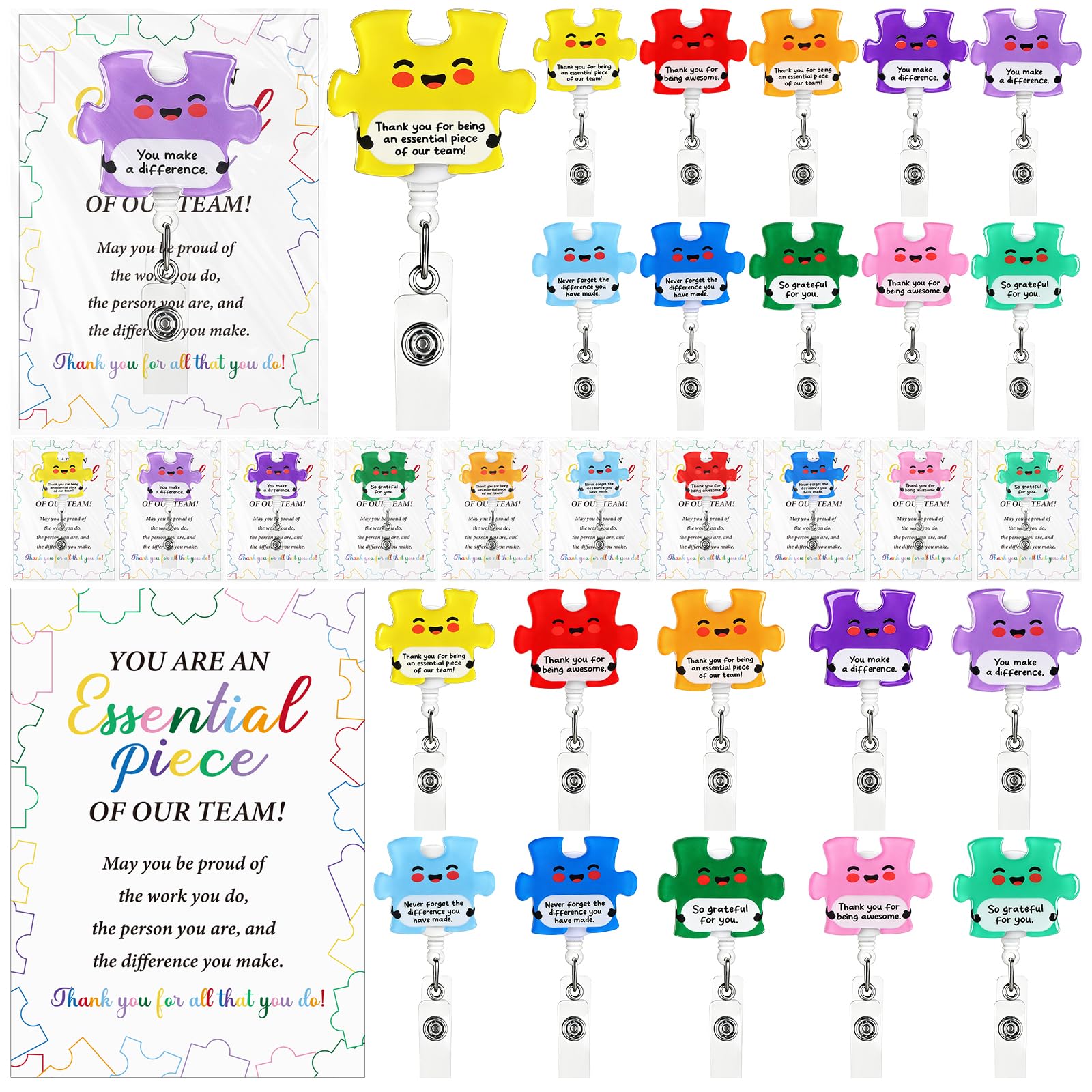 20 Set Employee Appreciation Gifts Bulk Puzzle Badge Reel with Thank You Cards Retractable Badge Clip Holder for Nurse Teacher Staff Team Office Coworker