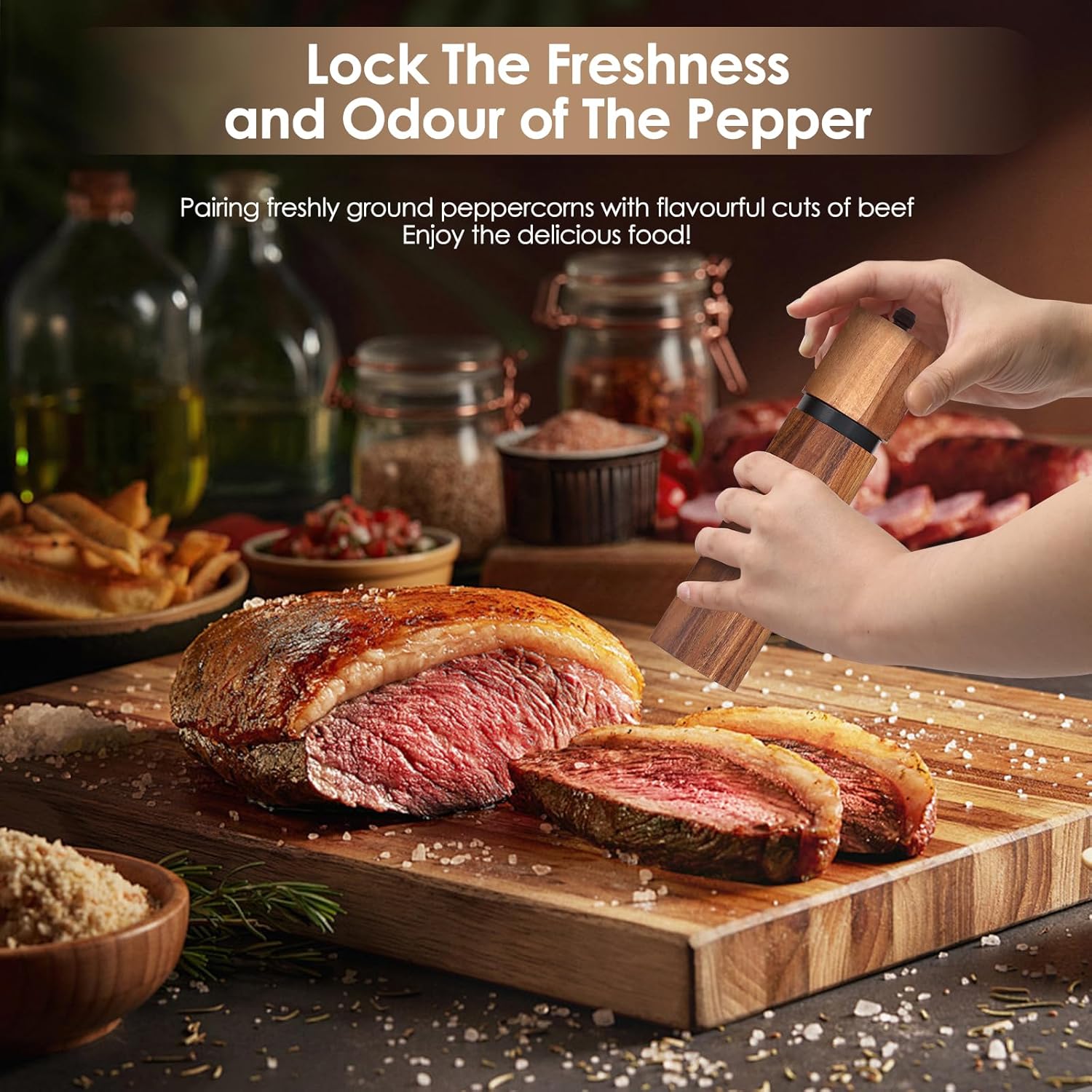 Wooden Salt and Pepper Grinder Set with Wooden Tray and Spoon, 8 Inch Manual Salt and Pepper Mill, Adjustable Coarseness, Refillable Pepper Grinder with Ceramic Core for Kitchen, Octagonal