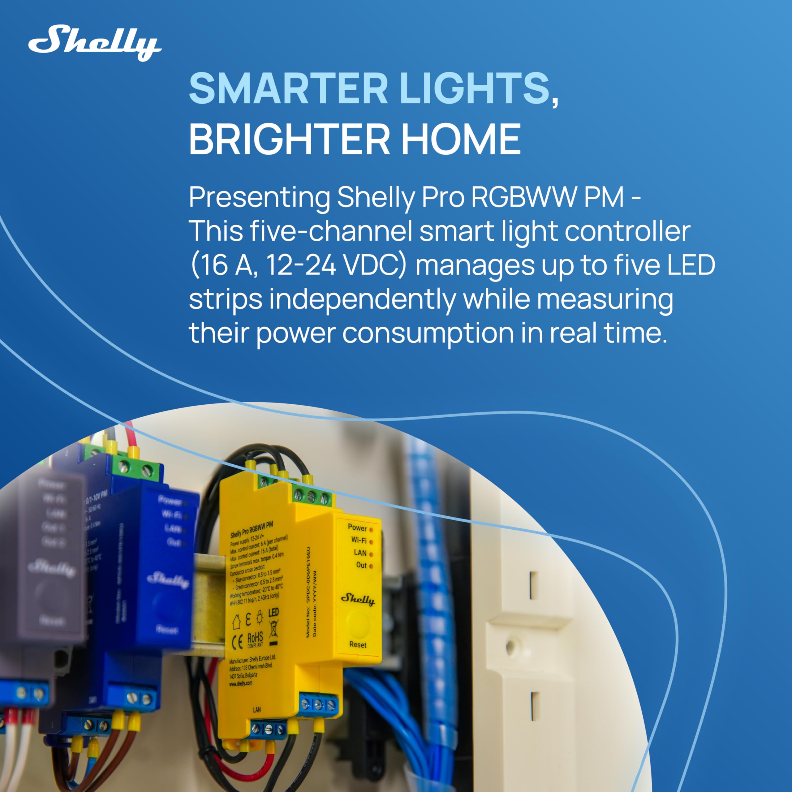 Shelly Pro RGBWW PM, Controller Intelligente per Luci LAN & Wi-Fi, Canali Bianchi Regolabili (CCT), 5 Strisce LED, Monitoraggio Consumi, Dimmerazione, Nessun Hub Necessario, Alexa & Google Home
