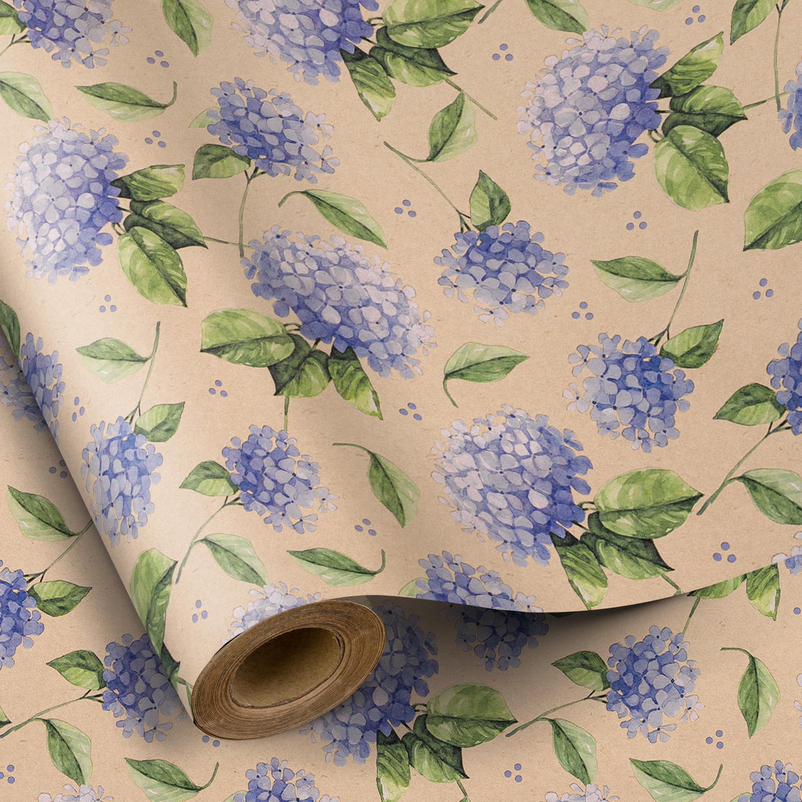 RUSPEPA Hydrangea Wrapping Paper for Women Girls, Mini Roll, Delicate Blooming Floral Gift Wrap, Aesthetic Purple Flower Kraft Paper for Spring, Wedding, Mother's Day, Birthday, 17 Inch x 16.4 Feet