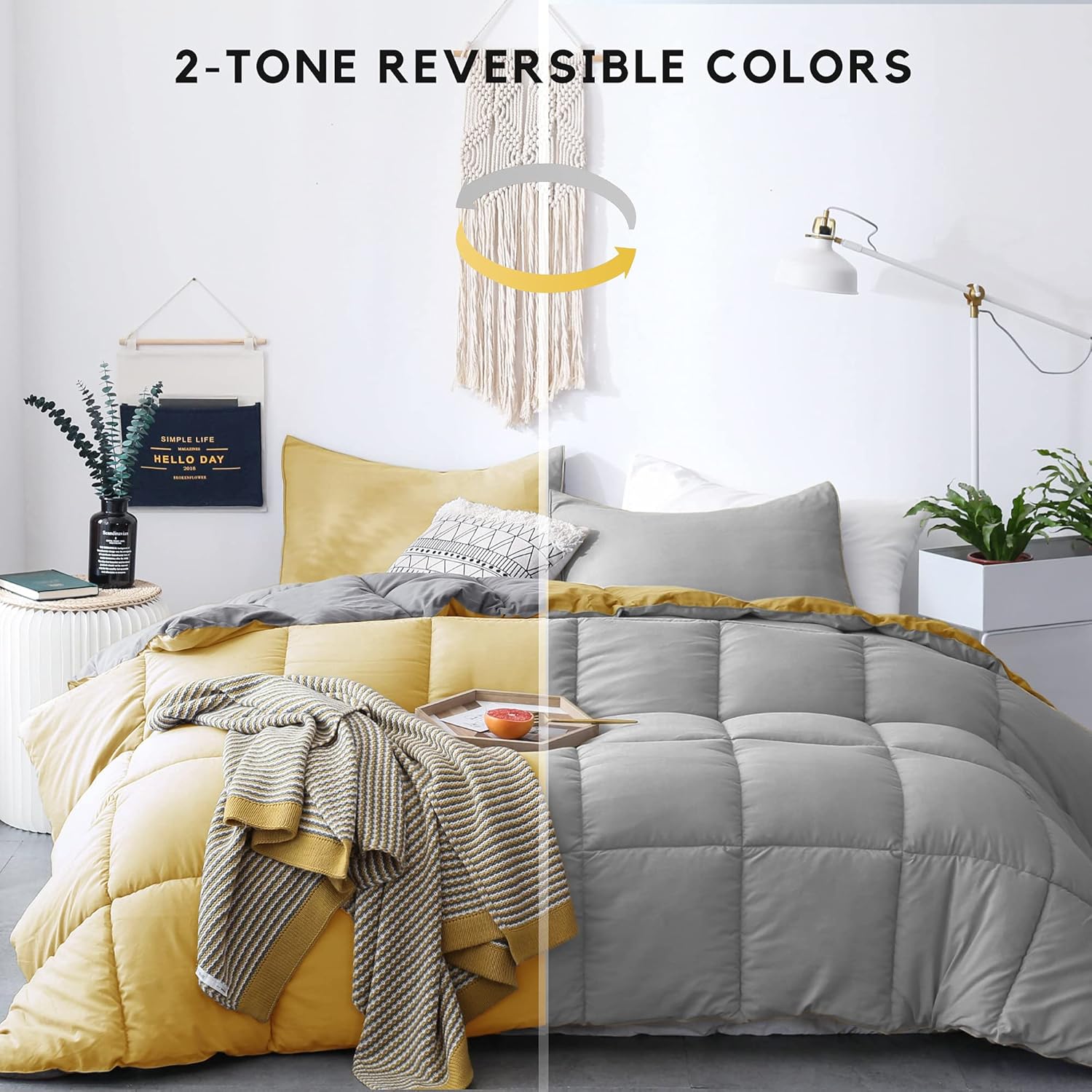 Buy 1 get 1 KASENTEX All Season Down Alternative Quilted Comforter Set Reversible Ultra Soft Duvet Insert Machine Washable (Yellow/Grey, King Set)