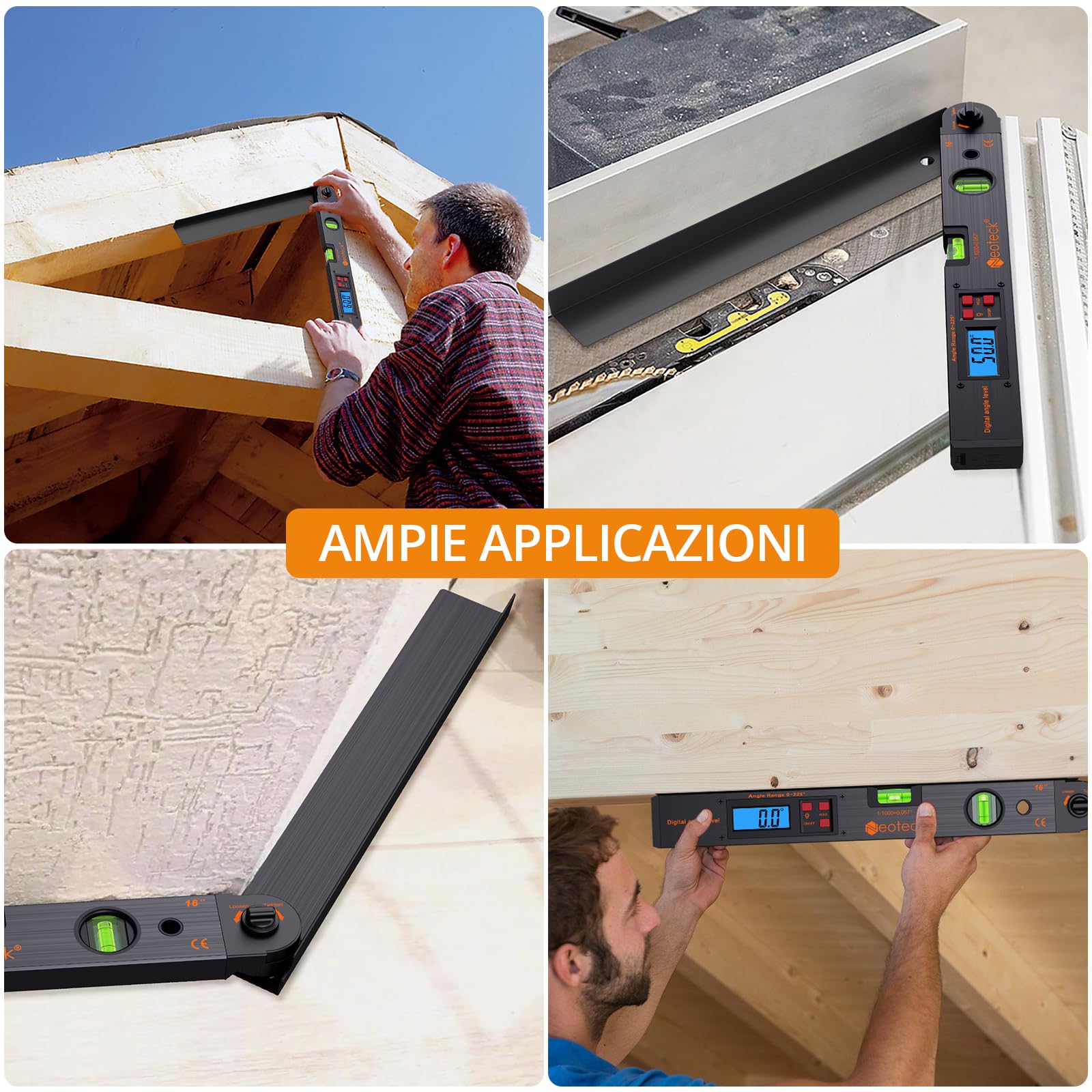 Neoteck 400mm/16inch Misuratore di Calibro Finder 0~225° Angle Finder Digitale Inclinometro LCD Retroilluminazione Goniometro Livello con Borsa Portatile per Applicazione Industriale Lavoro - Nero