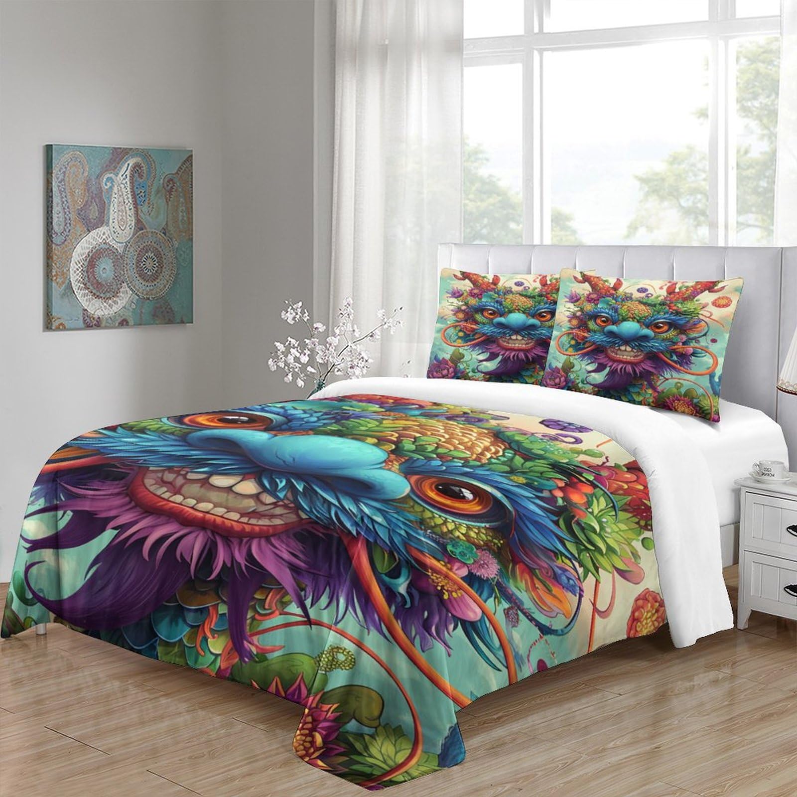 Stampato in 3D Loong cinese Copertina Stampata Microfibra Disegnata Biancheria Da Letto Con Chiusura A Cerniera Set 3 Pezzi,Double（200x200cm）, Per Ragazzi Adulti