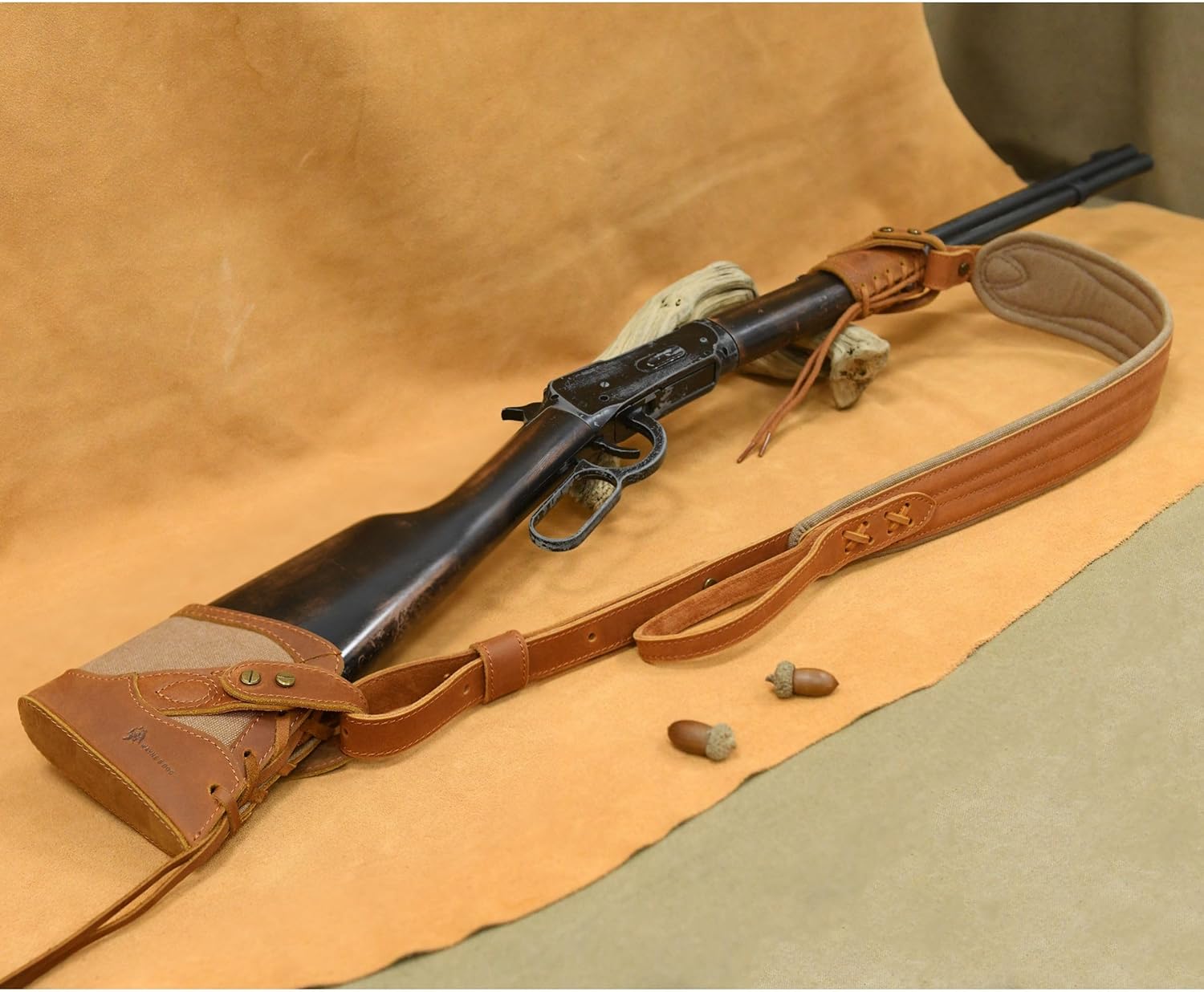 WAYNE'S DOG No Drill Leather Rifle Sling with Slip-on Recoil Pad and Barrel Mount fit for Lever Action Rifles, Shotguns