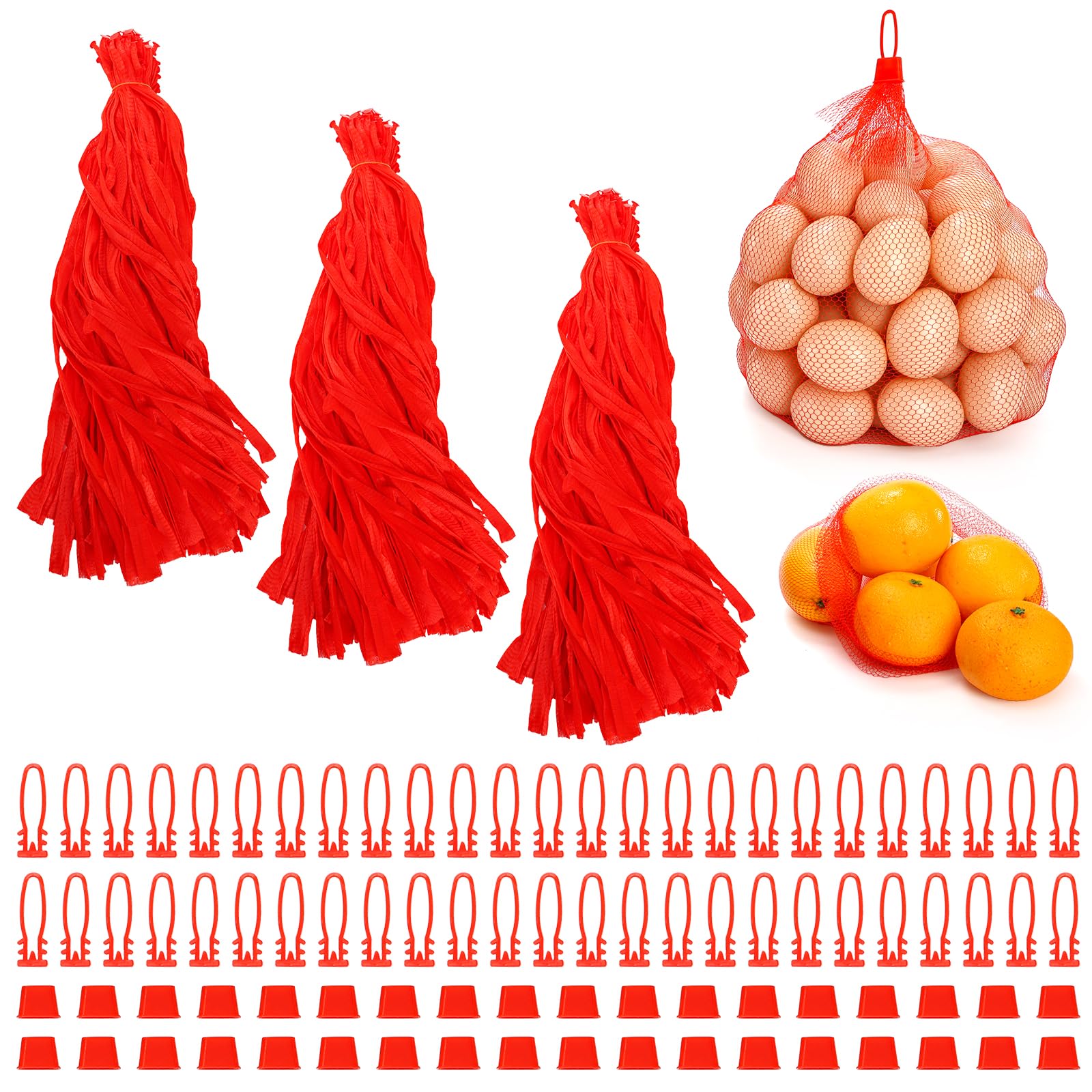 Hedume 300 Pack 20'' Mesh Nylon Netting with Loop-Style Closures, Red Reusable Produce Mesh Bags, Expandable Plastic Produce Bags for Fruit, Seafood,