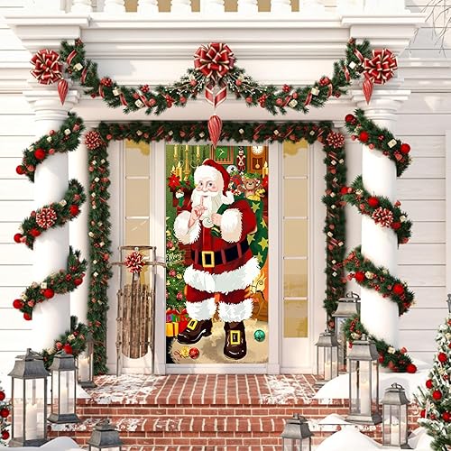 Miniatura 5 de Cubierta de puerta de Navidad, 73 x 36 pulgadas, fondo de Papá Noel, decoración de puerta de Navidad al aire libre, placa de puerta de garaje,