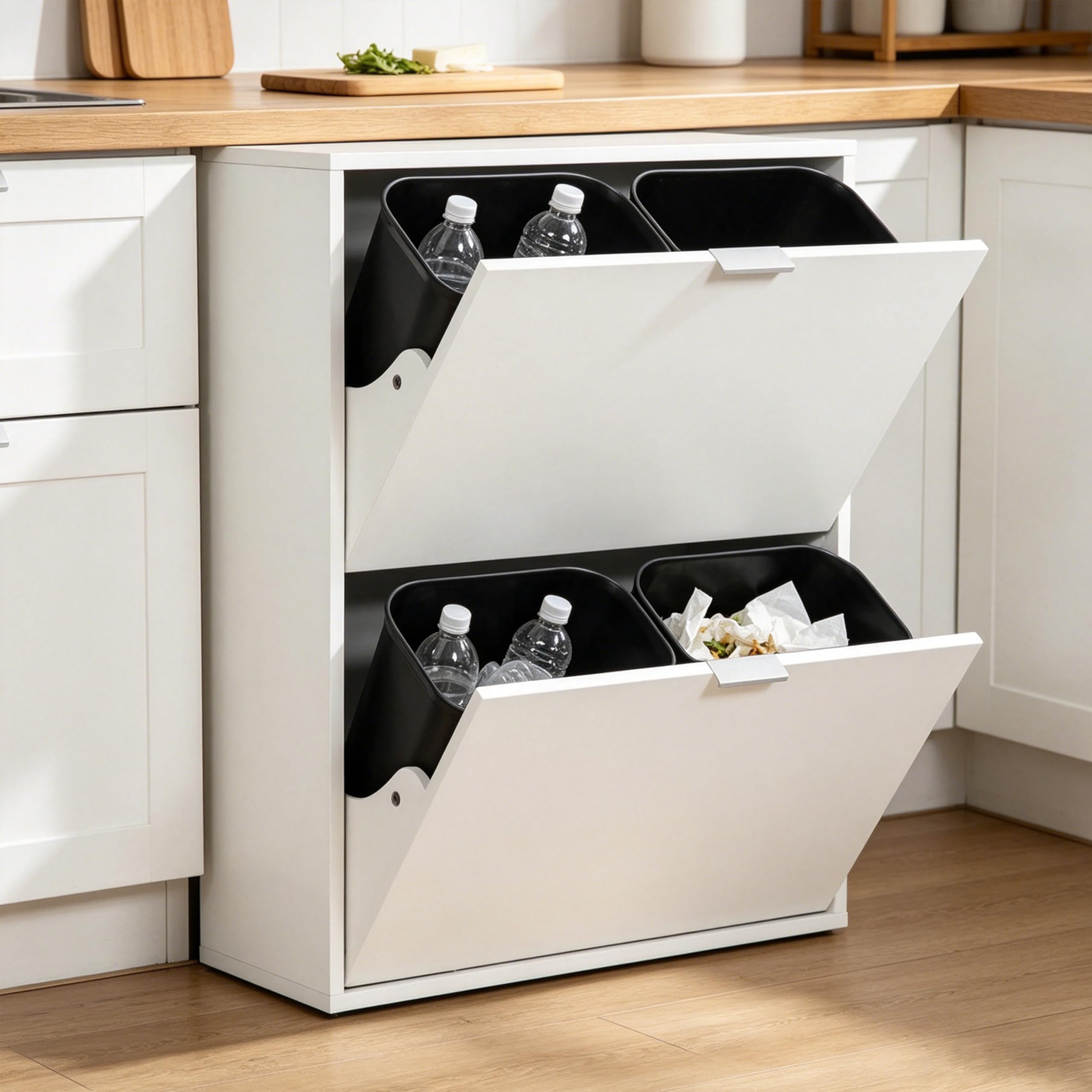 Mülleimerschrank Mülltrennsystem 4fach, Müllschrank Organizer für Küche, Abfalleimer Küche mit 4×10L, Mülleimer ausziehbar unter Spüle Alternative Weiß